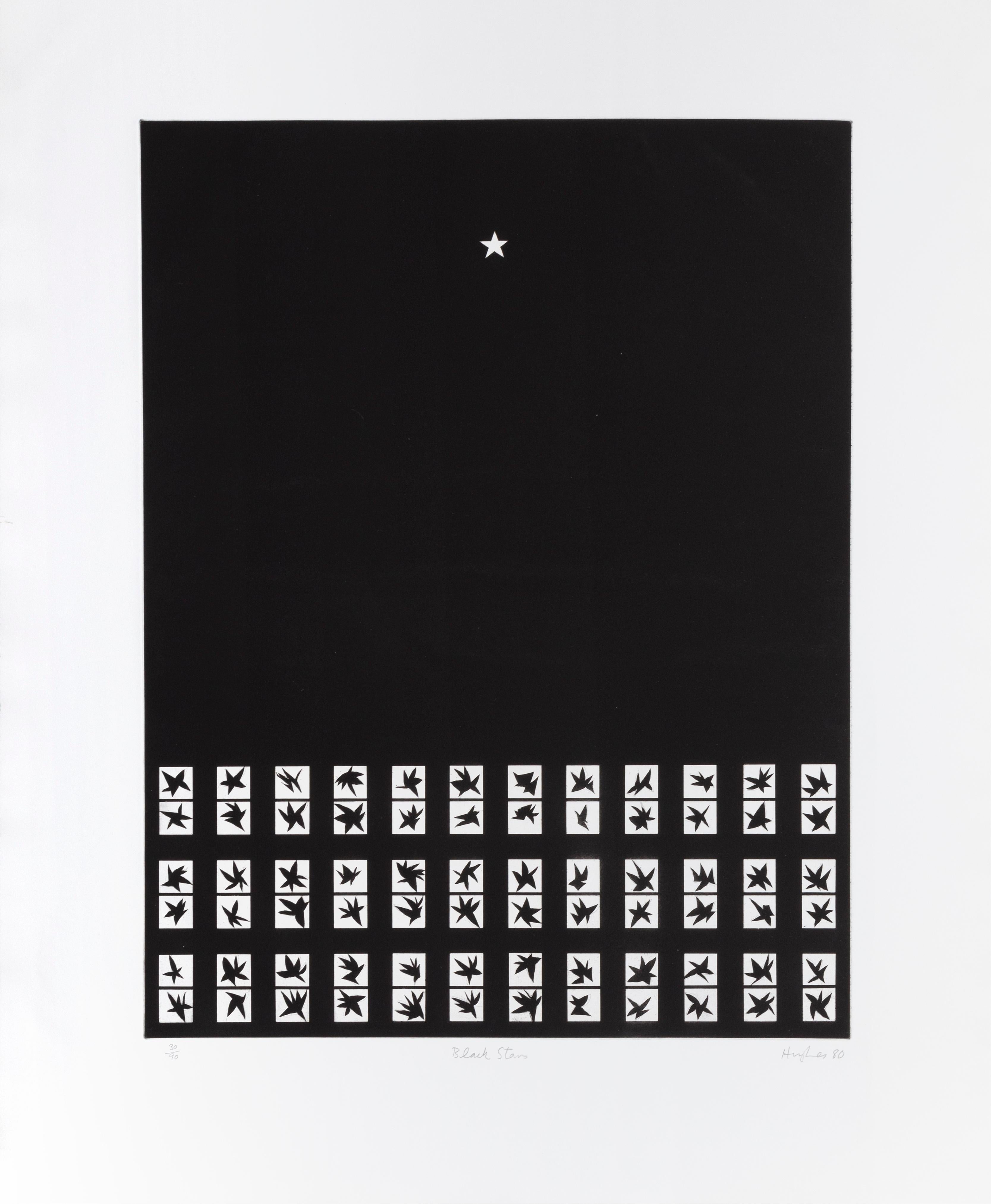 Artistics : Patrick Hughes, Britannique (1939 - )
Titre : Étoiles noires
Année : 1980
Moyen d'expression : Aquatinte, signée et numérotée au crayon
Edition : 30/90
Taille : 36 x 29.25 pouces