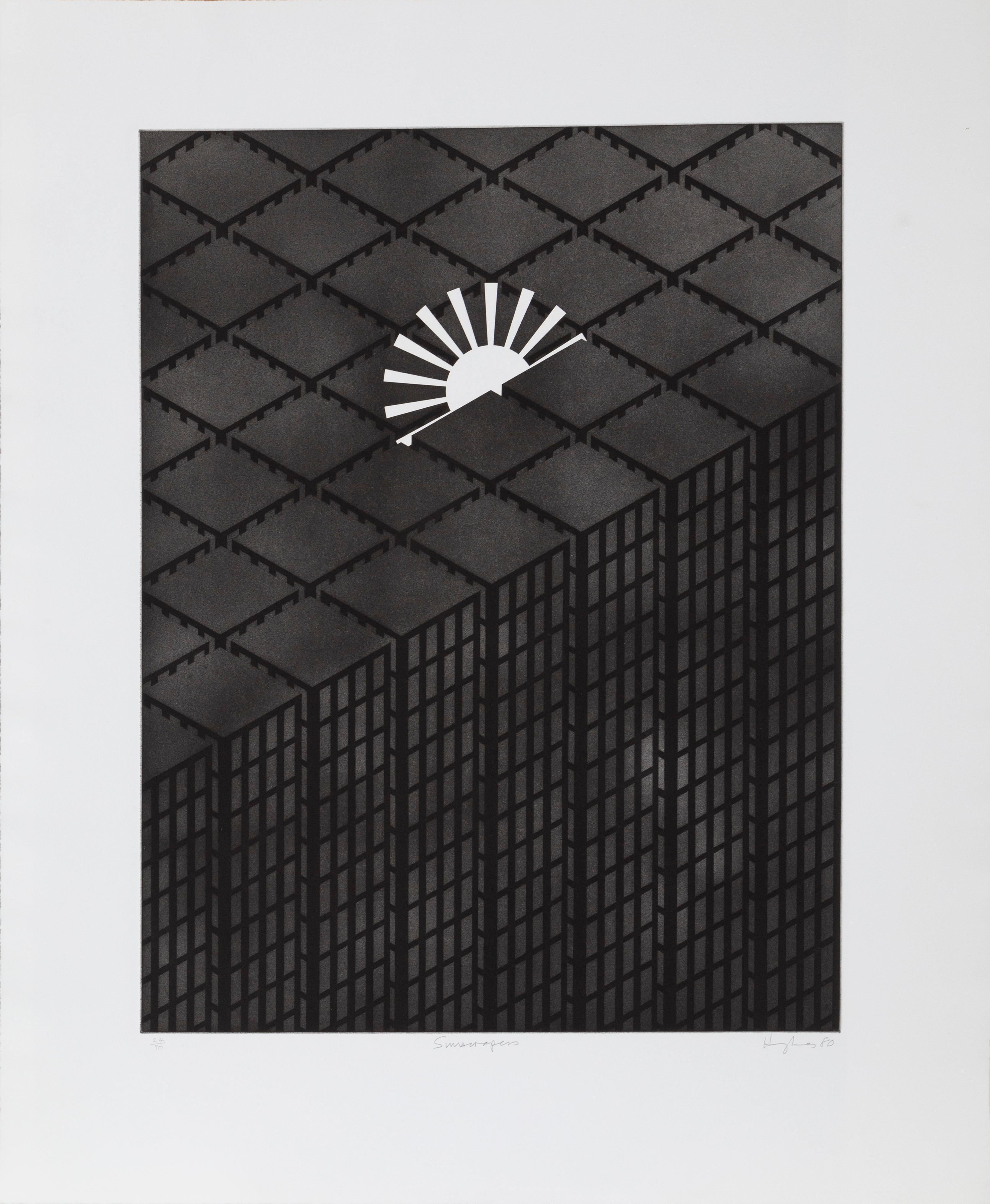 Sonnenkratzer, Geometrische abstrakte Aquatinta-Radierung von Patrick Hughes