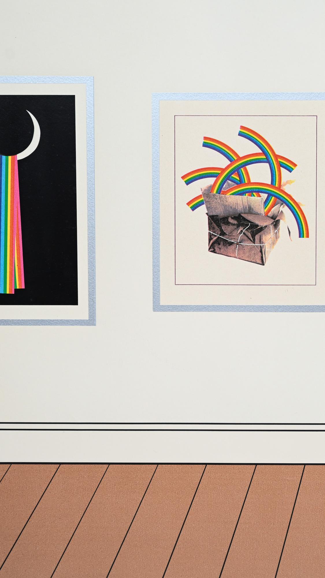 Patrick Hughes (geb. 1939)
Druck der Drucke, 1982
Handsignierter und nummerierter Siebdruck, Auflage 44/150, gerahmt.

Ein witziges und sorgfältig komponiertes Frühwerk des berühmten britischen Meisters der visuellen Illusion. In Print of Prints