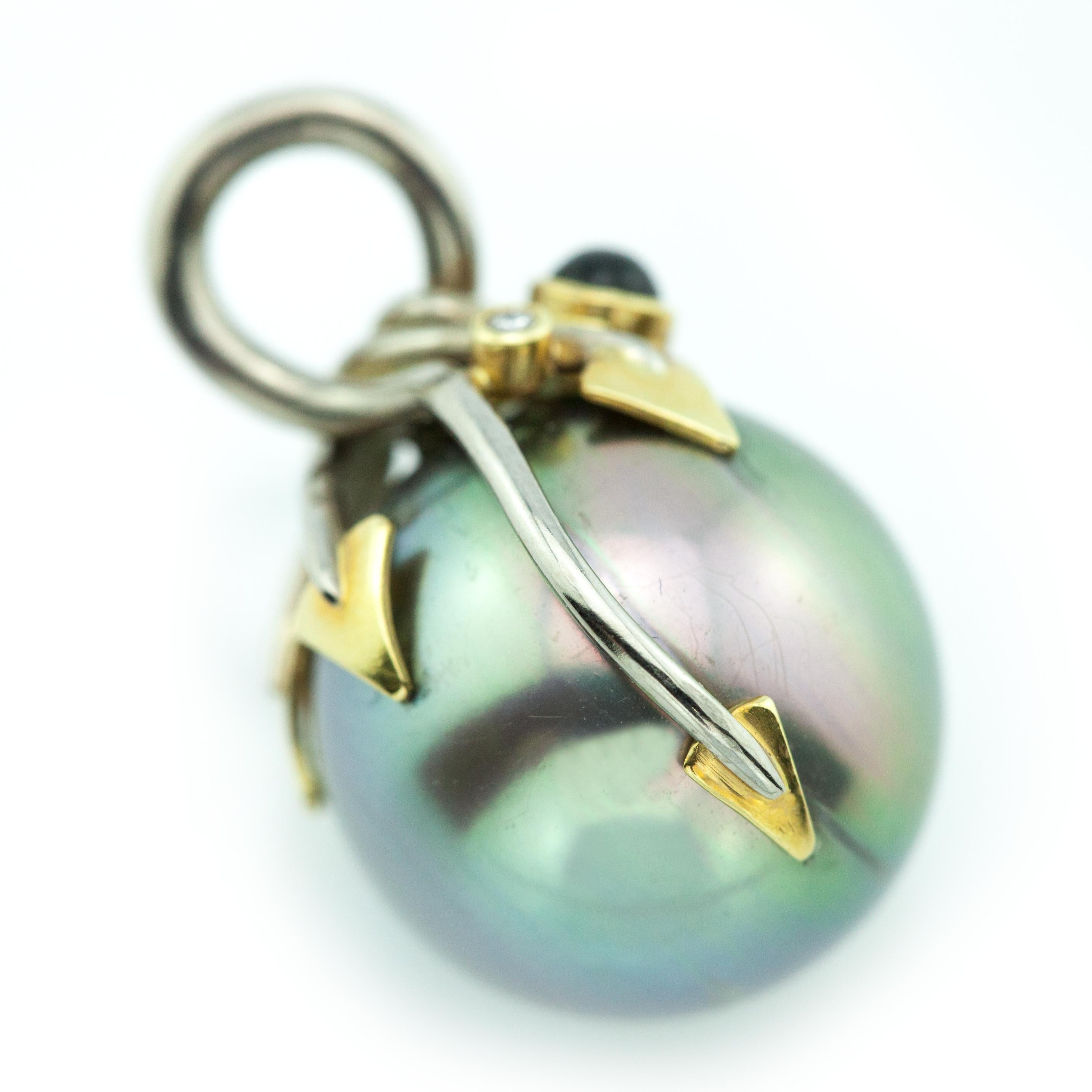 Modern Patrick Jelk 18K White Gold Yellow Gold Tahitian Pearl & Gemstone Brooch/Pendant For Sale