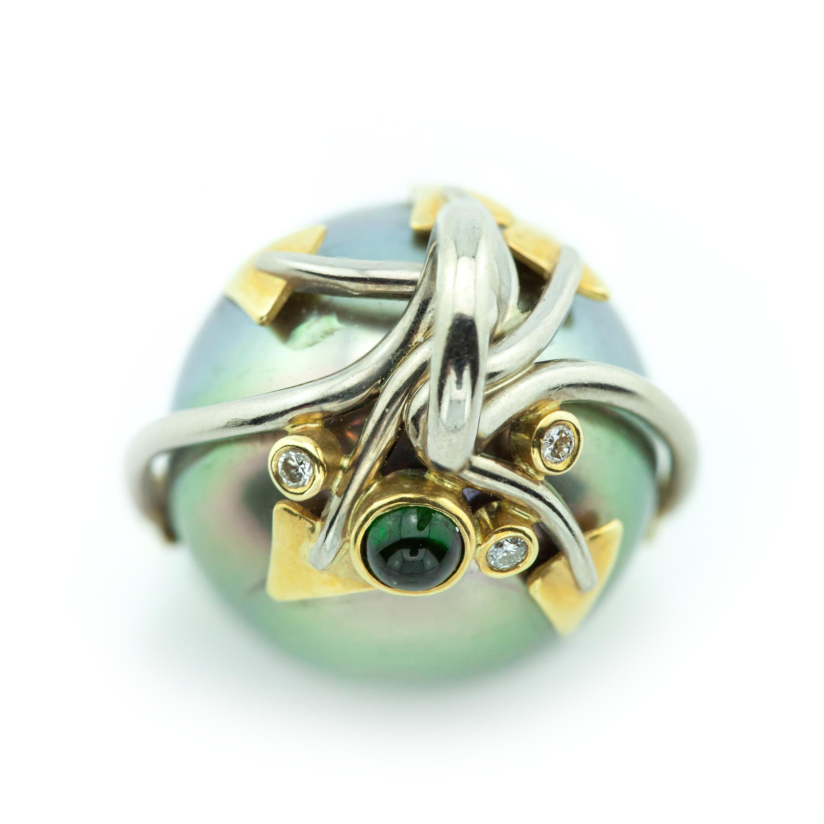Round Cut Patrick Jelk 18K White Gold Yellow Gold Tahitian Pearl & Gemstone Brooch/Pendant For Sale