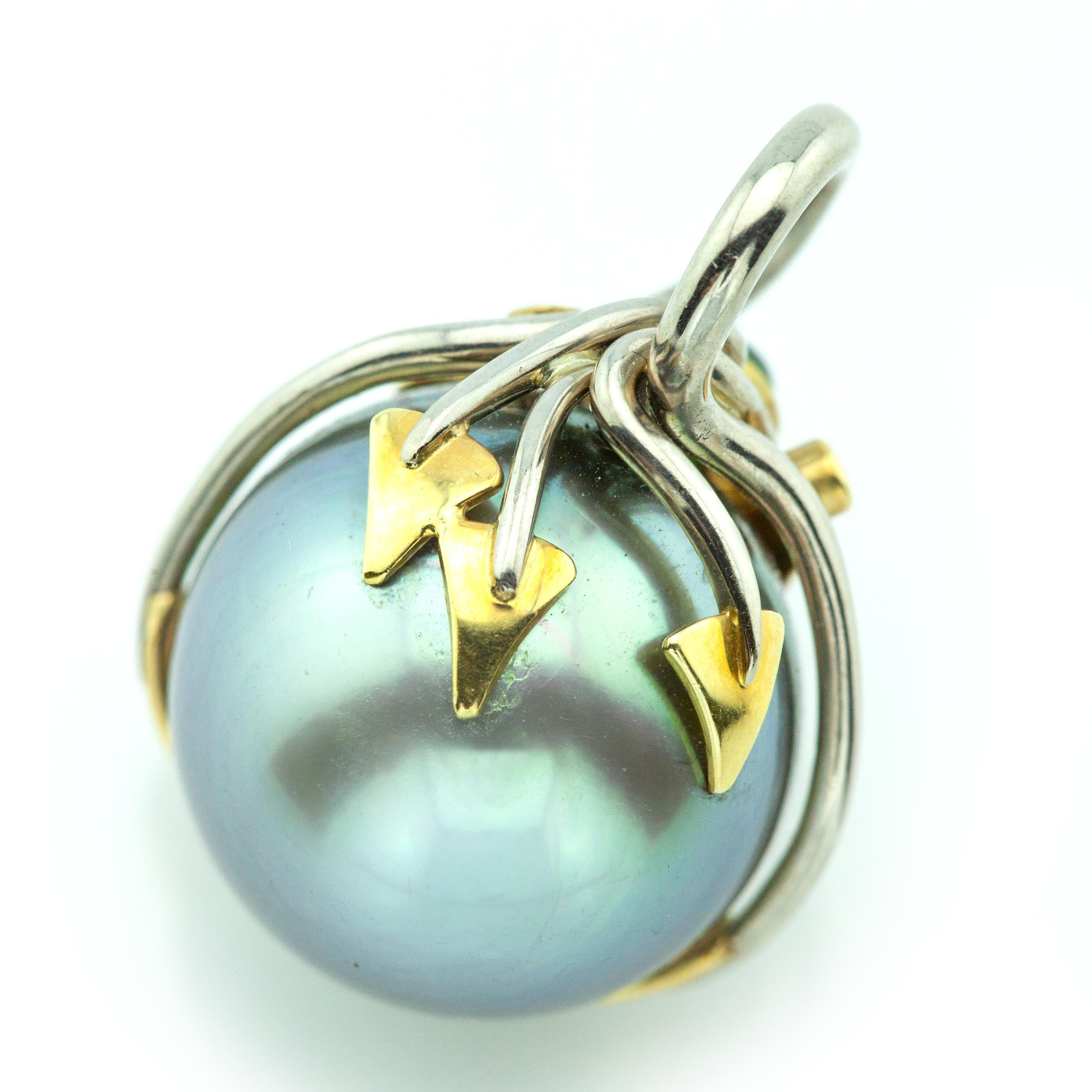 Patrick Jelk 18K White Gold Yellow Gold Tahitian Pearl & Gemstone Brooch/Pendant In Excellent Condition For Sale In New York, NY