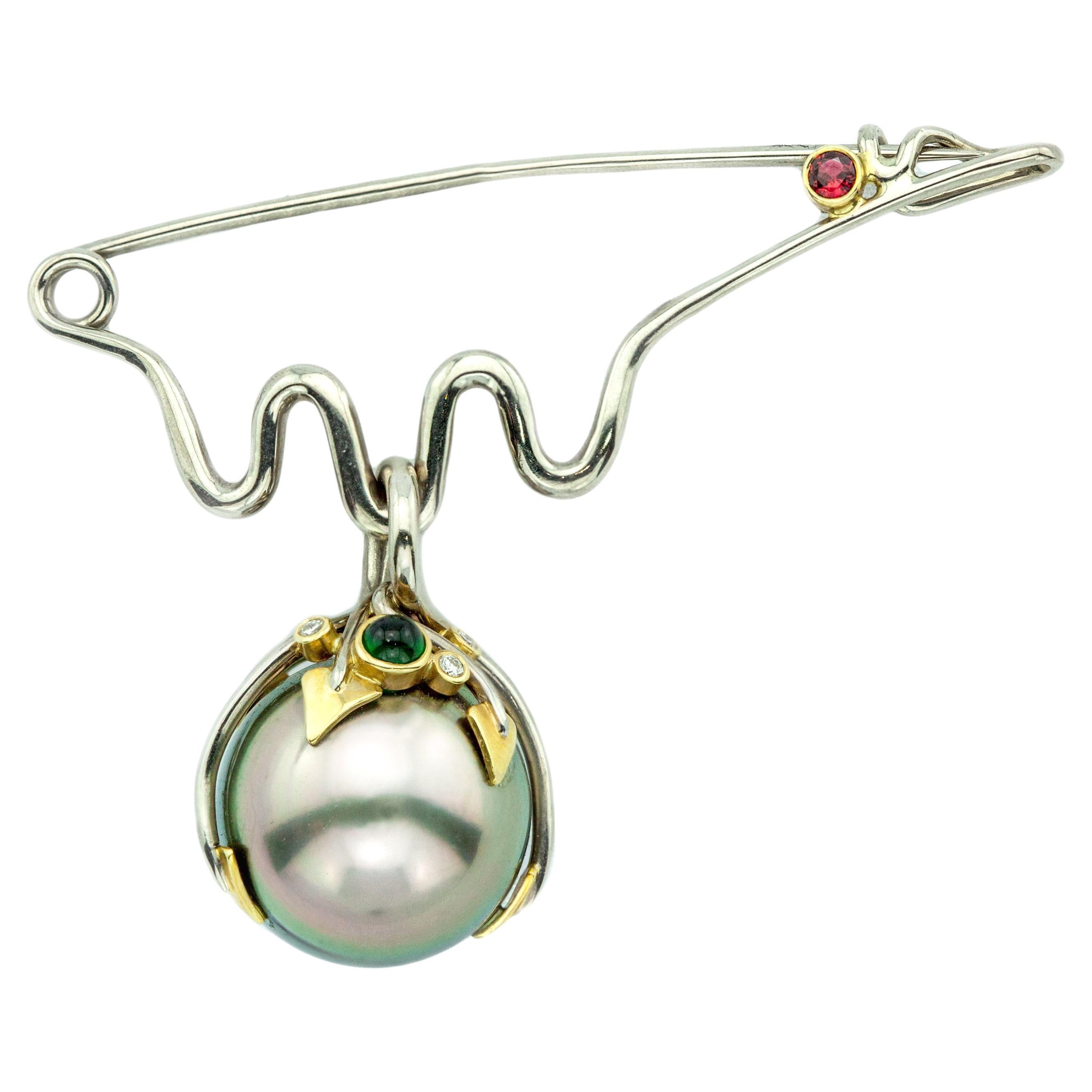Patrick Jelk 18K White Gold Yellow Gold Tahitian Pearl & Gemstone Brooch/Pendant For Sale