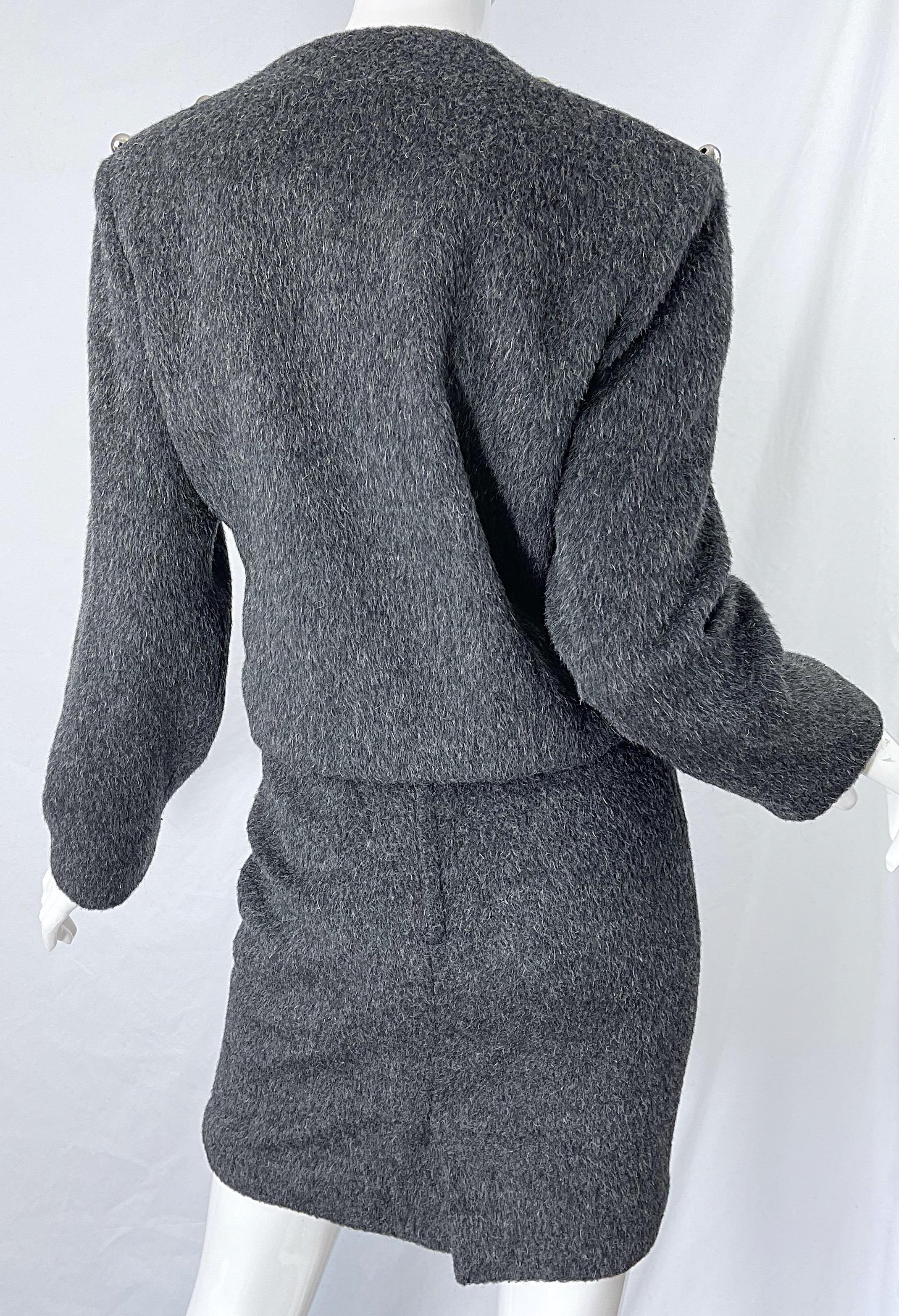 Patrick Kelly 1980s Charcoal Grey Silver Studded Balls Vintage 80s Skirt Suit For Sale 5