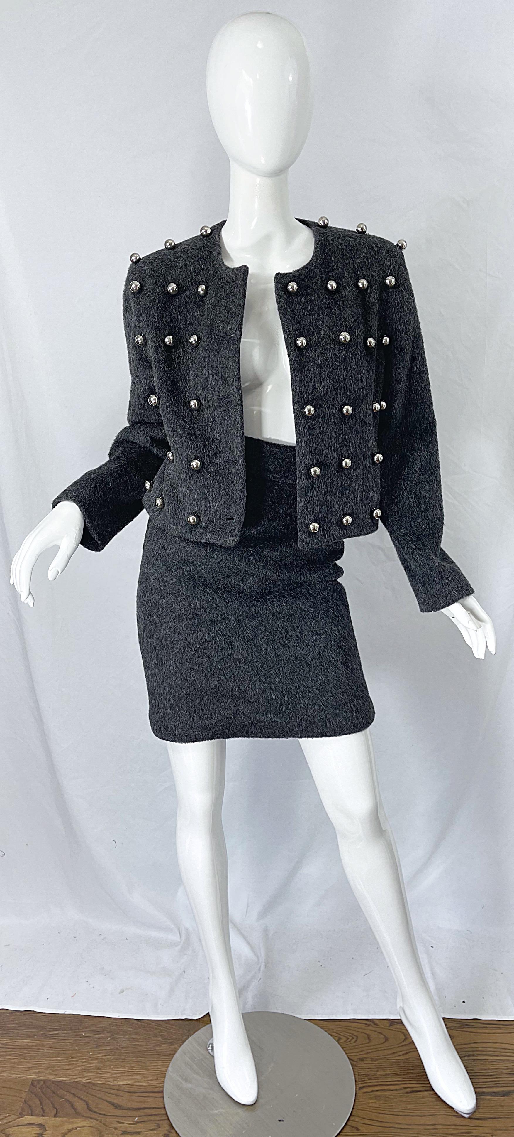 Patrick Kelly 1980s Charcoal Grey Silver Studded Balls Vintage 80s Skirt Suit For Sale 6