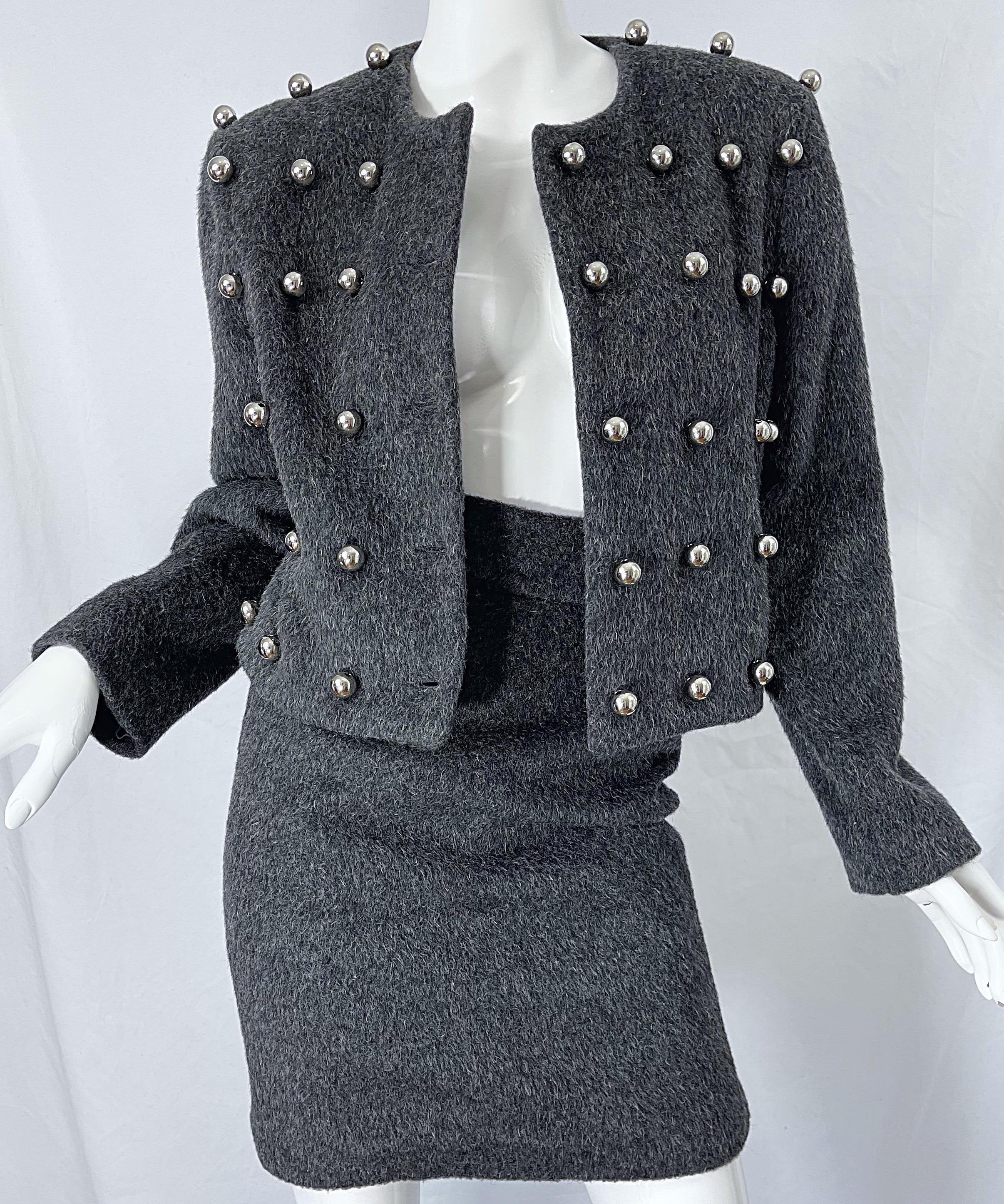 Patrick Kelly 1980s Charcoal Grey Silver Studded Balls Vintage 80s Skirt Suit In Excellent Condition For Sale In San Diego, CA