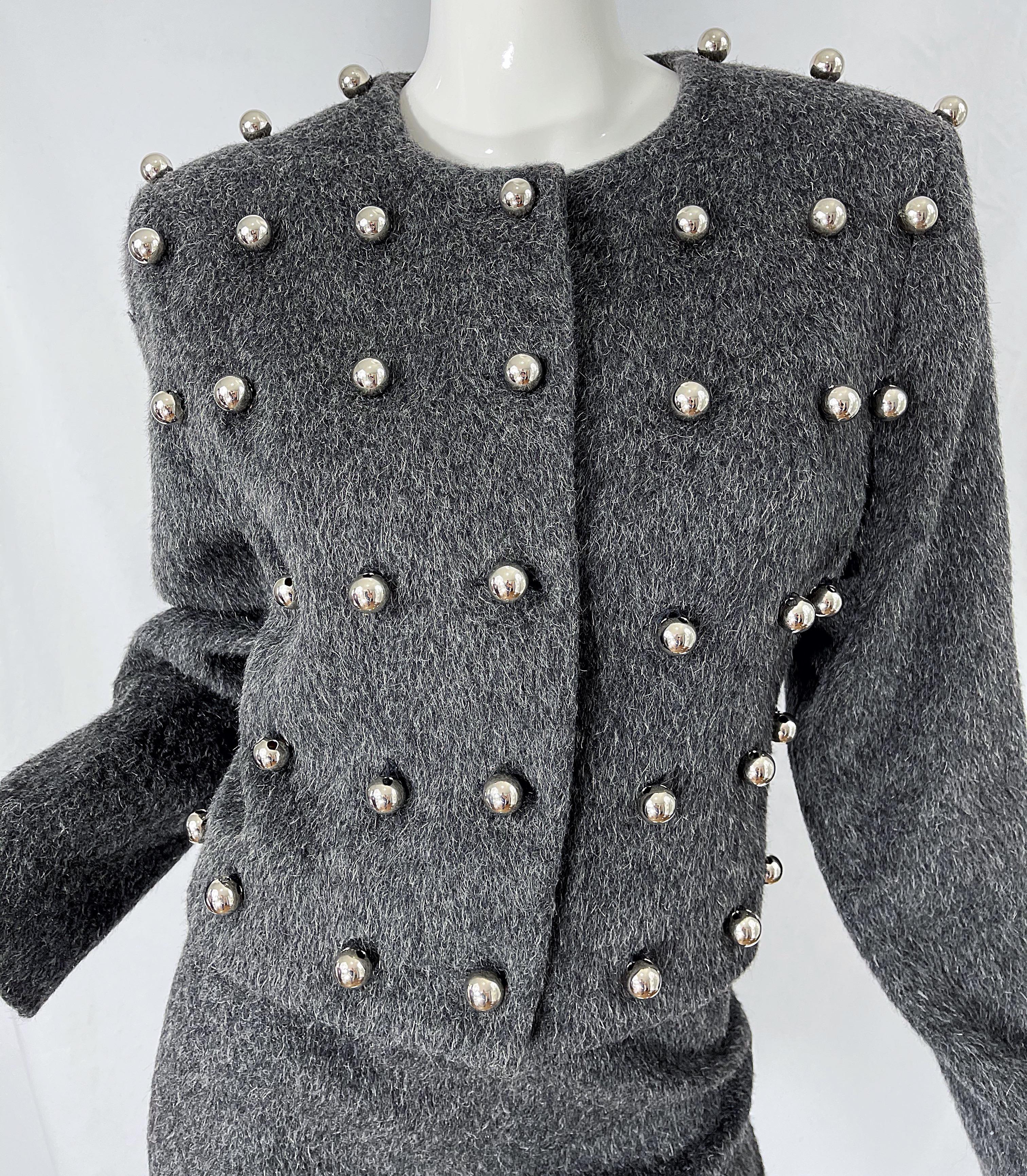 Women's Patrick Kelly 1980s Charcoal Grey Silver Studded Balls Vintage 80s Skirt Suit For Sale