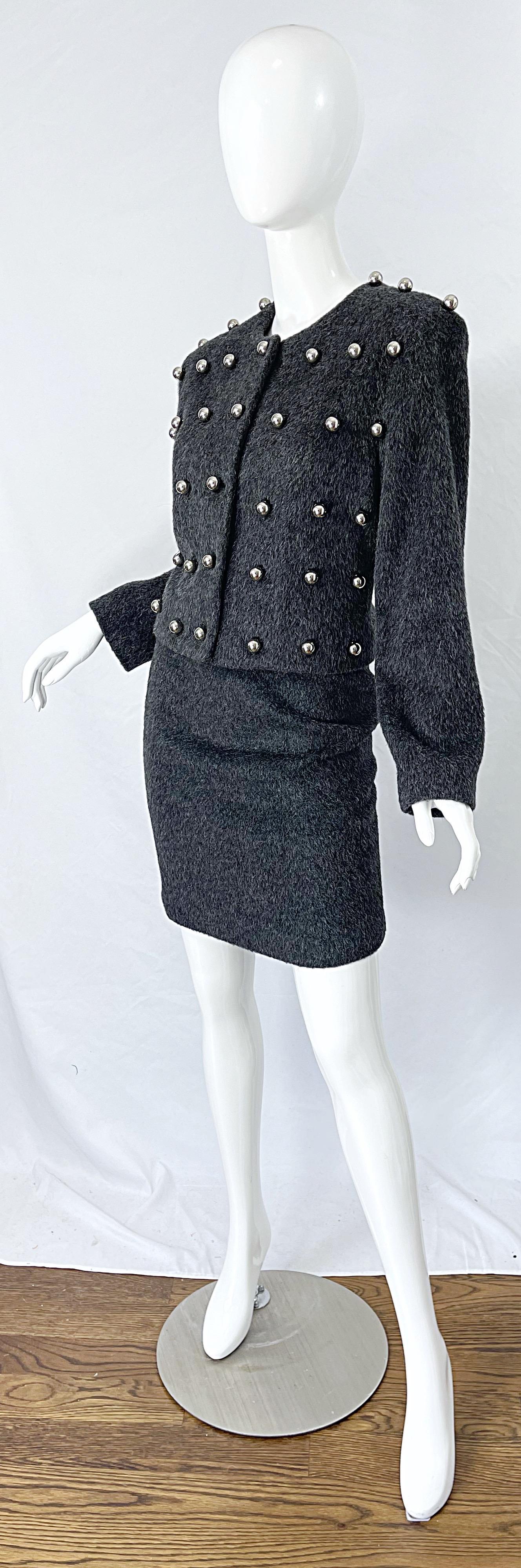 Patrick Kelly 1980s Charcoal Grey Silver Studded Balls Vintage 80s Skirt Suit For Sale 1