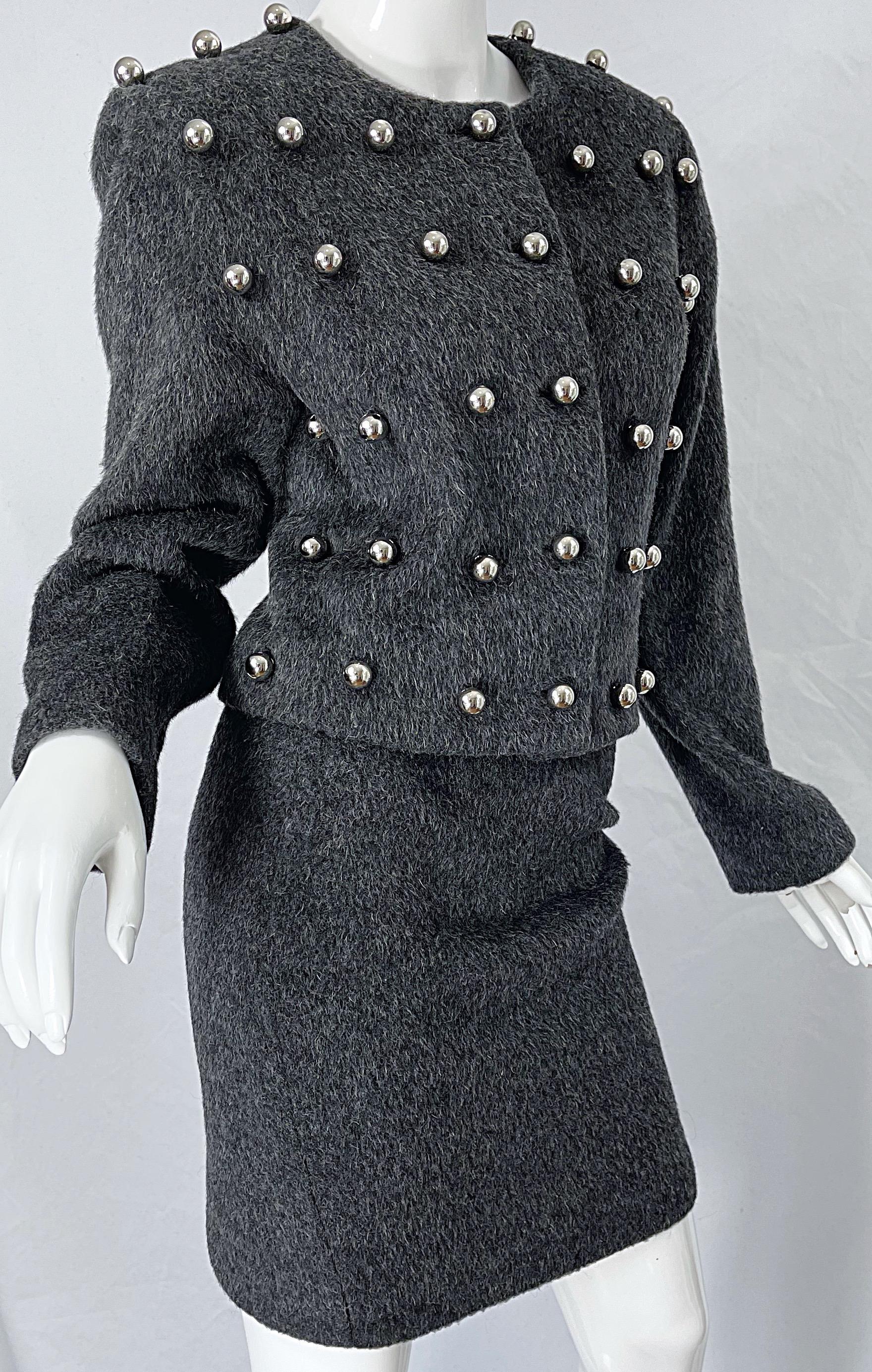 Patrick Kelly 1980s Charcoal Grey Silver Studded Balls Vintage 80s Skirt Suit For Sale 2