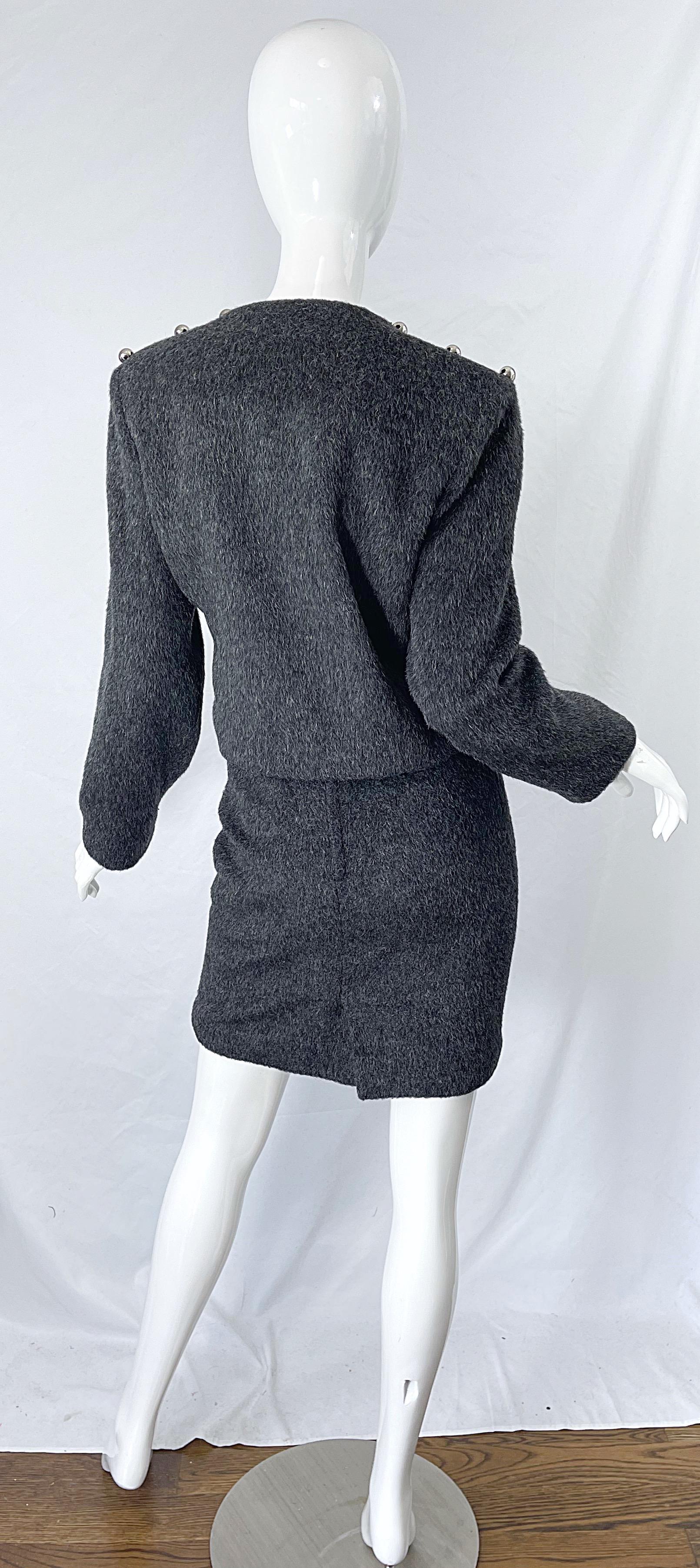Patrick Kelly 1980s Charcoal Grey Silver Studded Balls Vintage 80s Skirt Suit For Sale 3