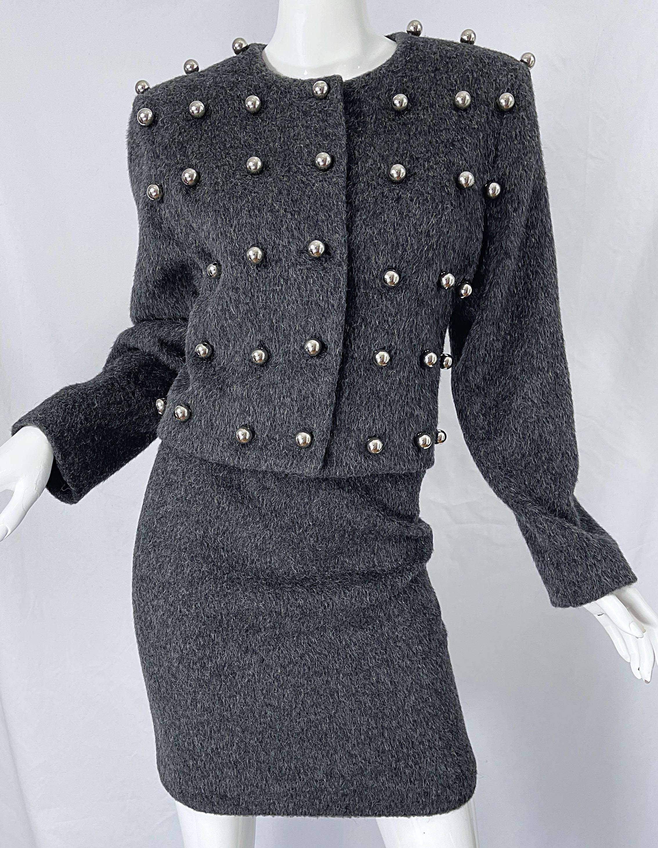 Patrick Kelly 1980s Charcoal Grey Silver Studded Balls Vintage 80s Skirt Suit For Sale 4