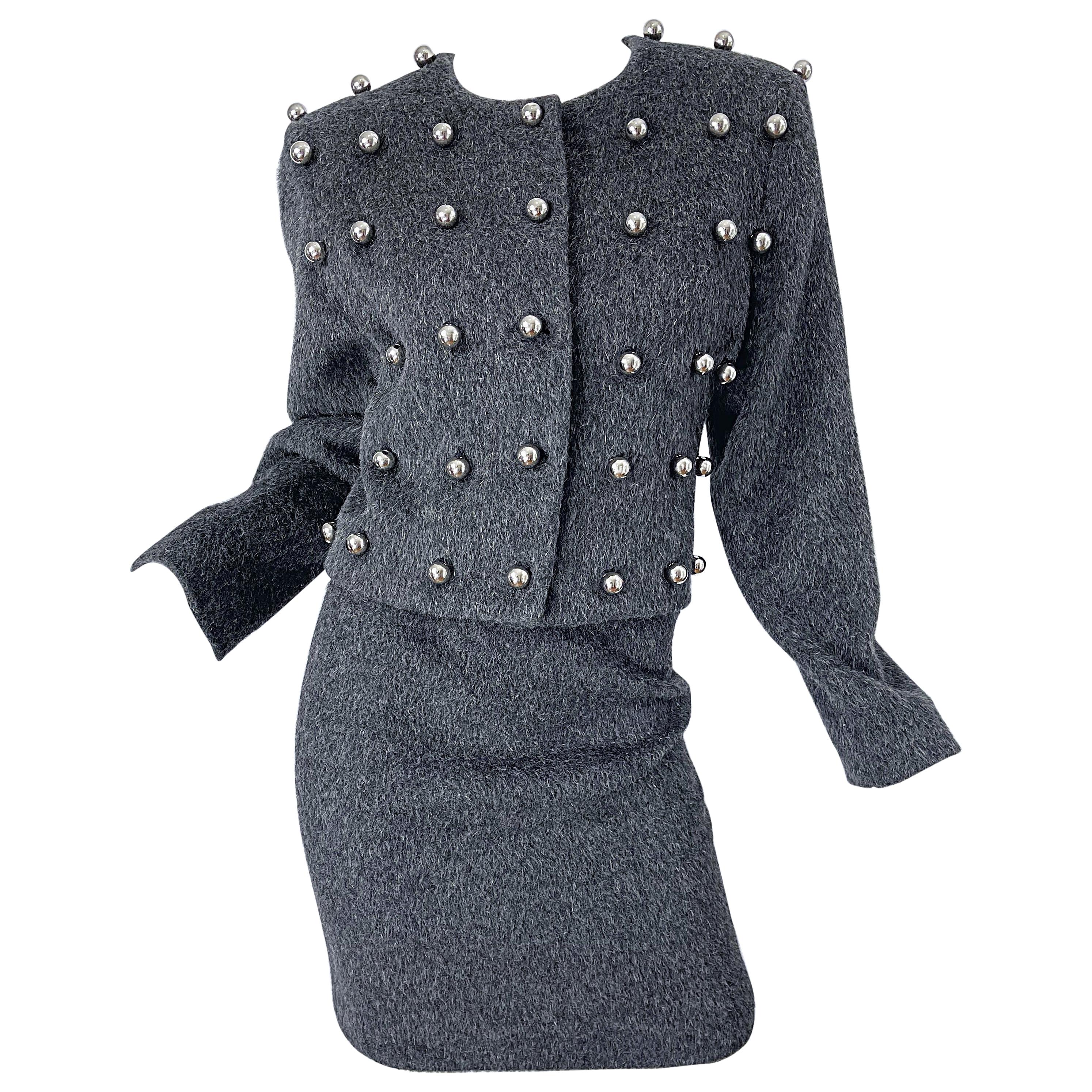 Patrick Kelly 1980s Charcoal Grey Silver Studded Balls Vintage 80s Skirt Suit For Sale