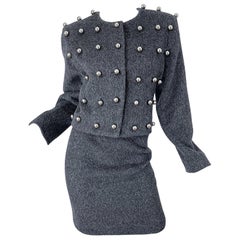 Patrick Kelly 1980s Charcoal Grey Silver Studded Balls Vintage 80s Skirt Suit