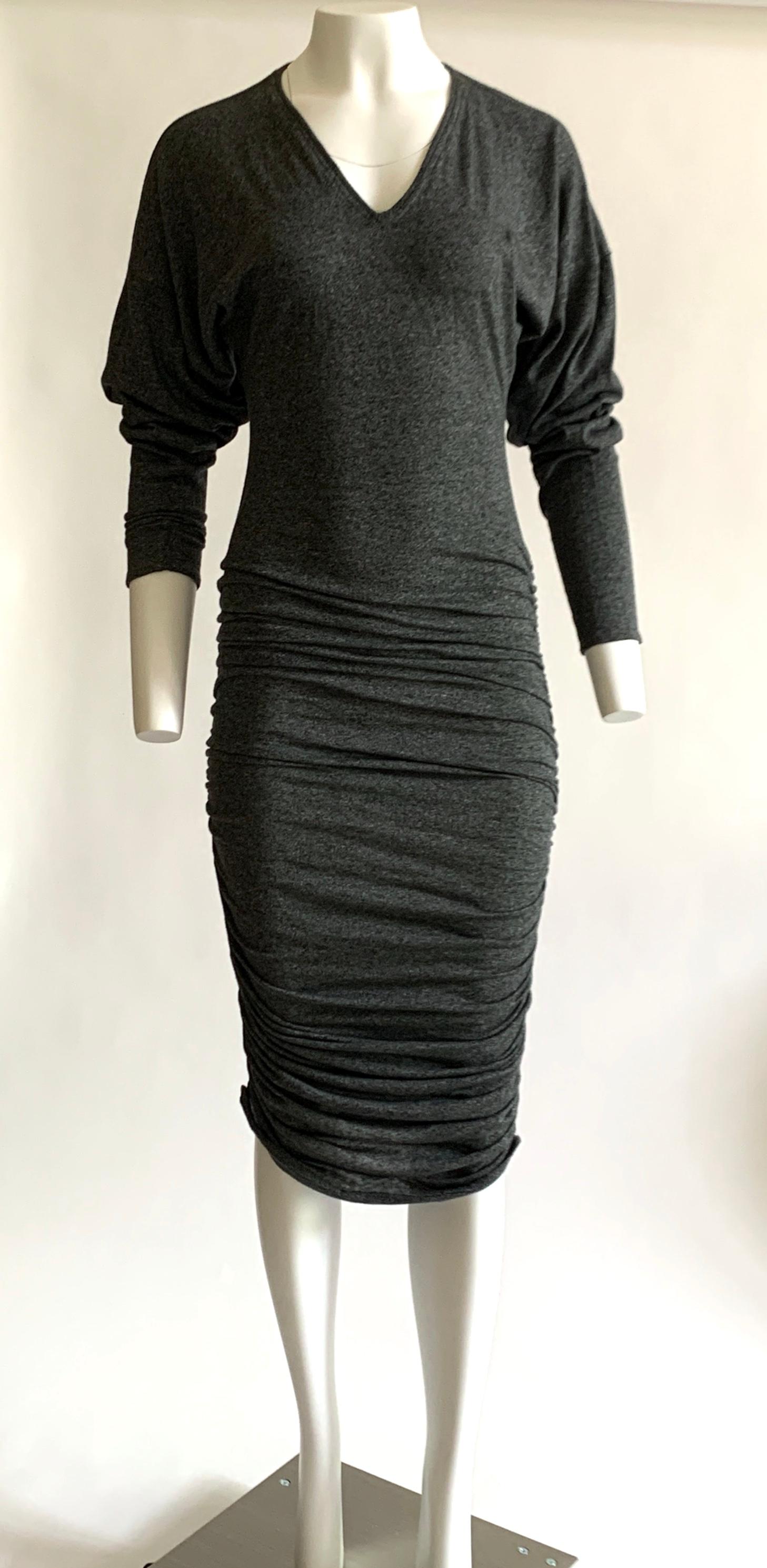 Vintage Patrick Kelly 1980s super soft grey jersey ruched midi dress with v-neck. Sleeves are oversized at shoulders and fitted at lower arm. Pull on, no closure. 

50% cotton, 50% acrylic.
Unlined. 

Labelled size 1, best fits XS/S. See