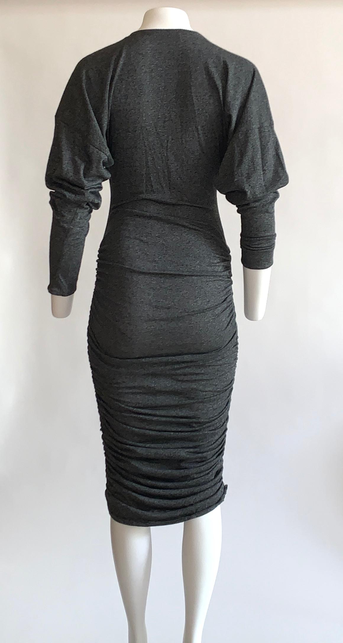 Patrick Kelly 1980s Grey V Neck Jersey Ruched Midi Dress In Excellent Condition In San Francisco, CA