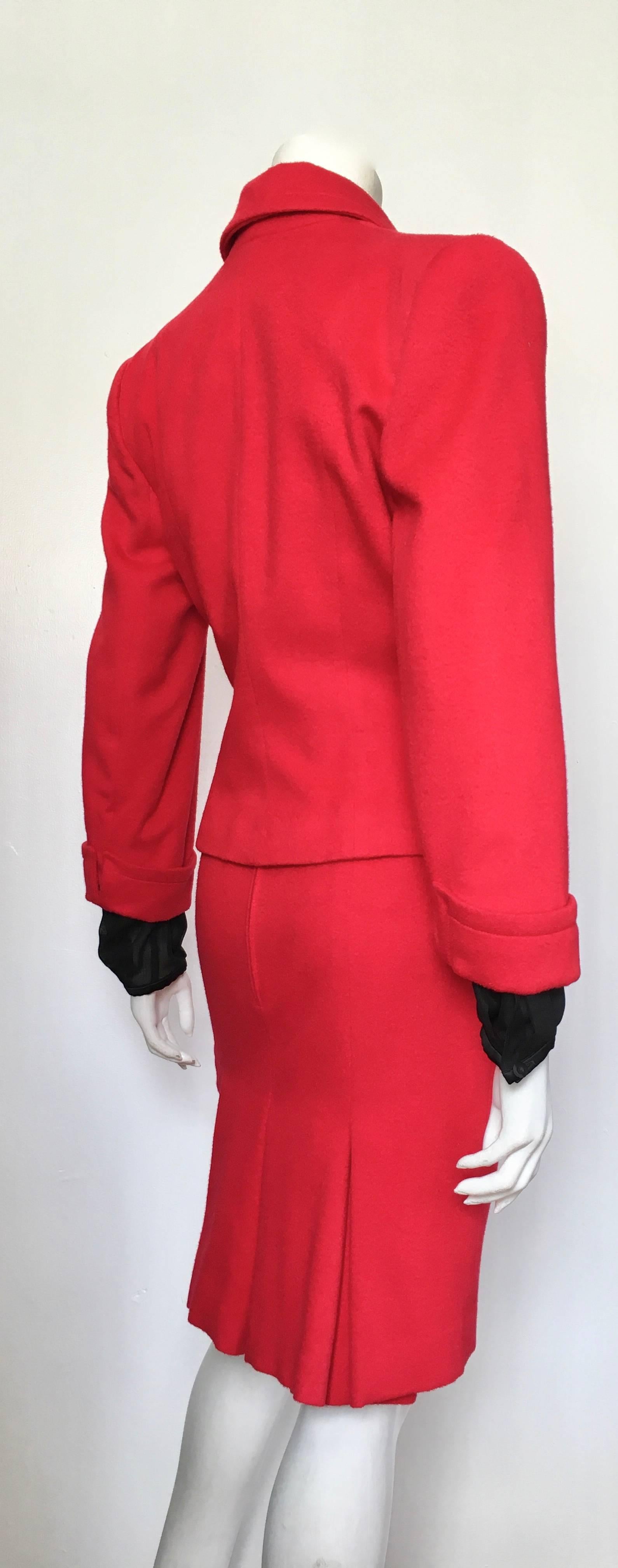 Women's or Men's Patrick Kelly 1980s Red Wool Skirt Suit Size 6. For Sale