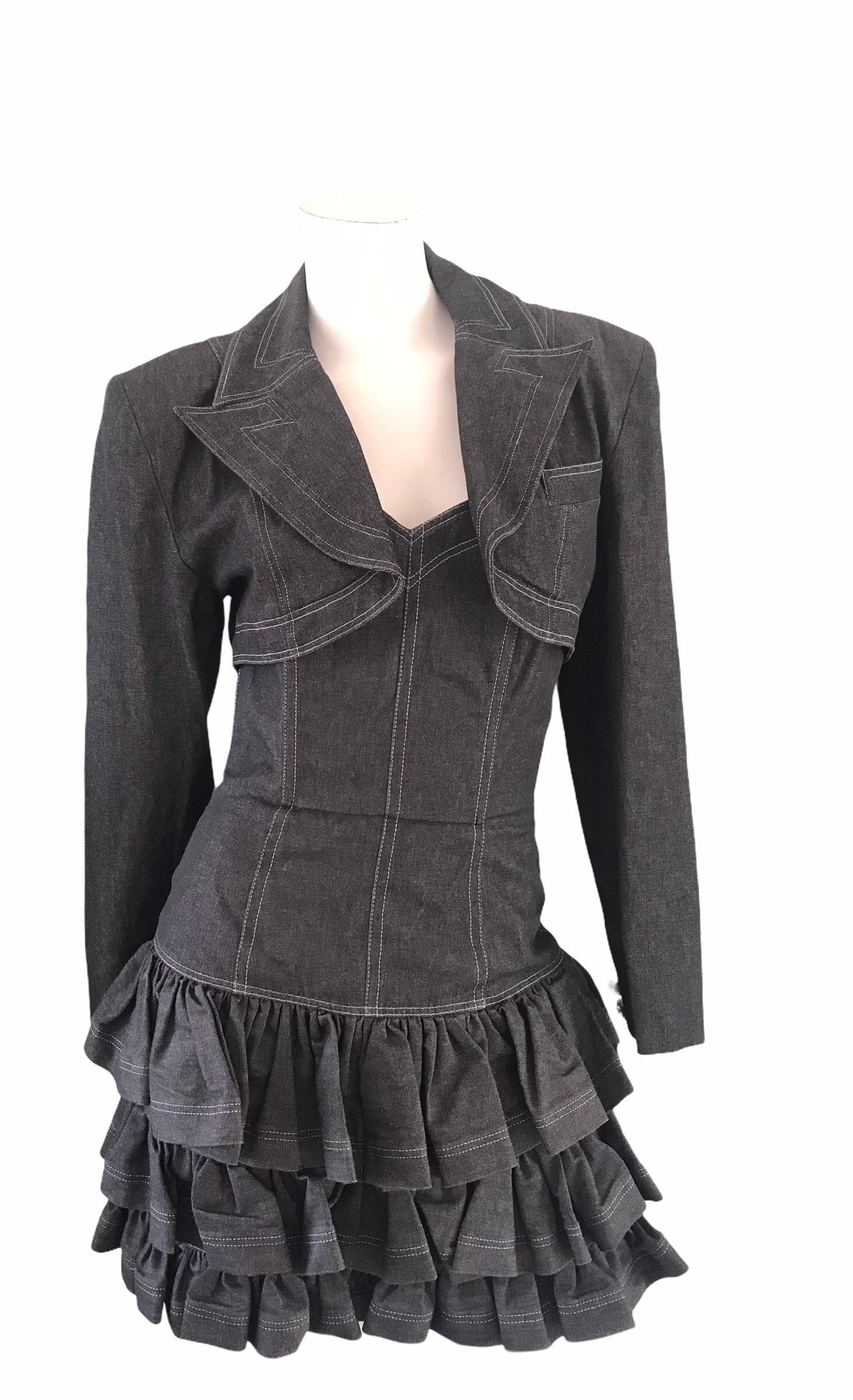 Patrick Kelly black denim strapless dress with cropped jacket. Condition: Excellent. Size S/M