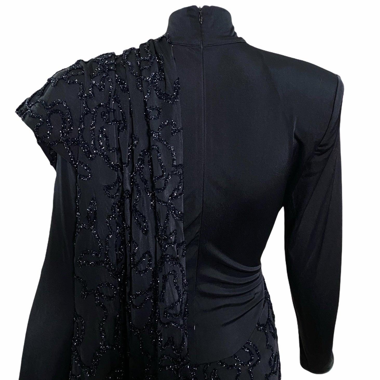 Patrick Kelly Black Jersey Sexy Sheath Dress with Serious Swag, 2980s In New Condition For Sale In Los Angeles, CA