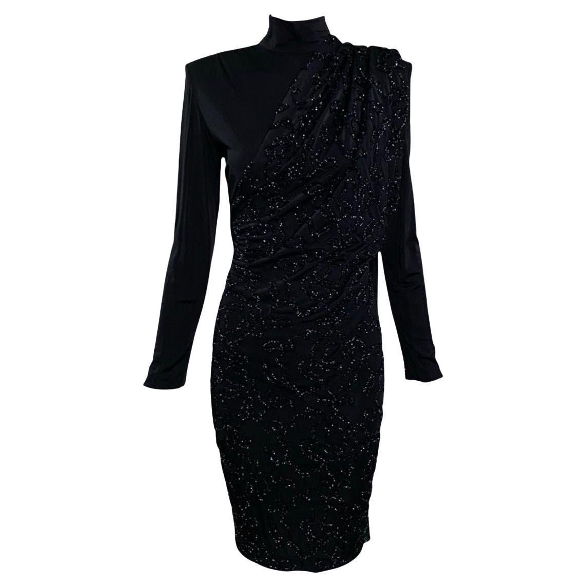 Patrick Kelly Black Jersey Sexy Sheath Dress with Serious Swag, 2980s For Sale