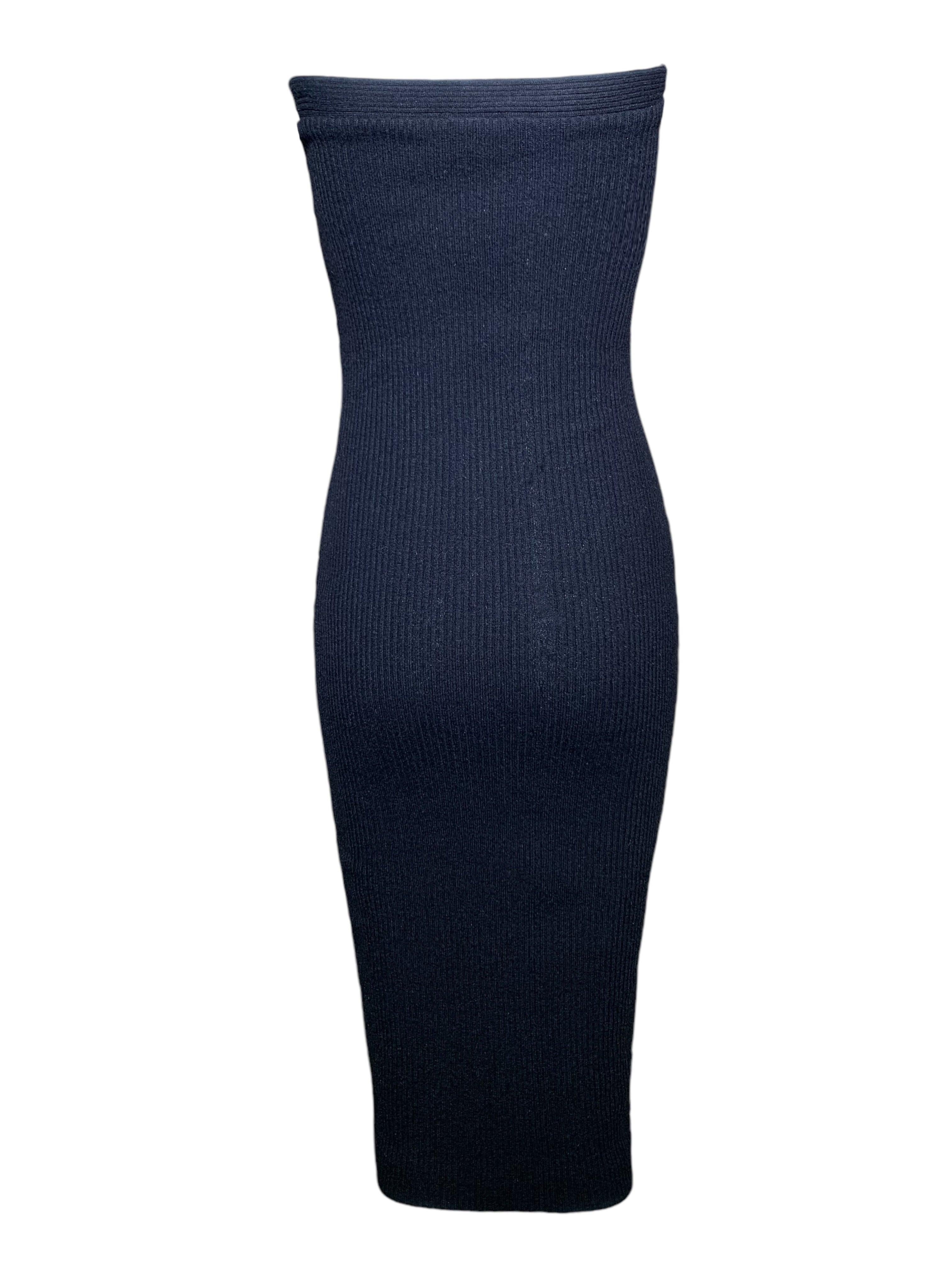 Patrick Kelly Black Ribbed Knit Sexy Strapless Midi Dress, 1980s In New Condition For Sale In Los Angeles, CA