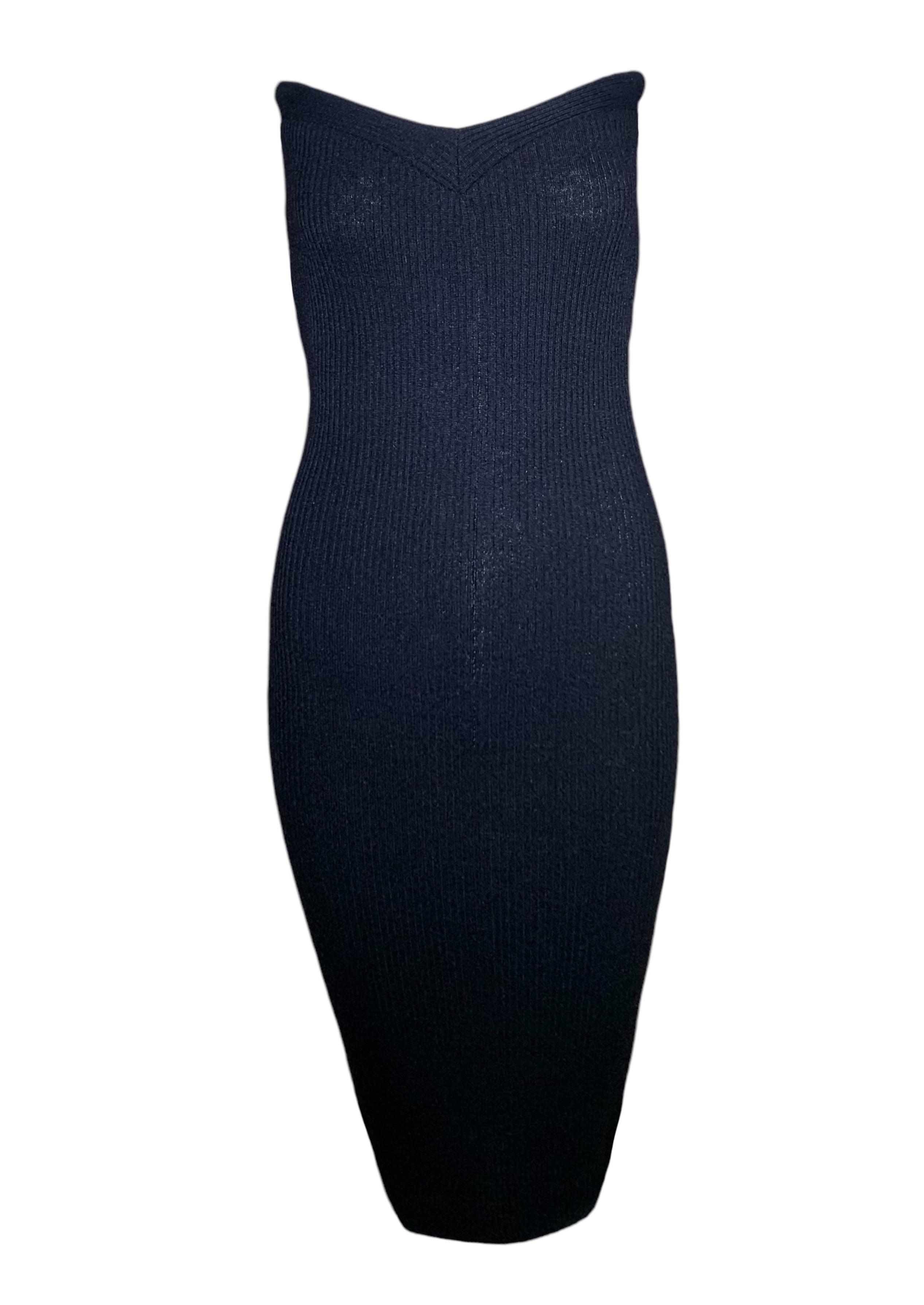 Patrick Kelly Black Ribbed Knit Sexy Strapless Midi Dress, 1980s For Sale
