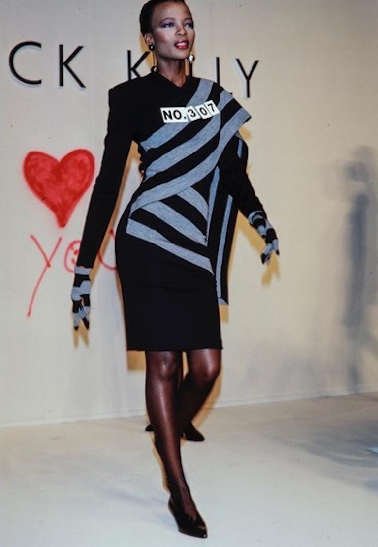 PATRICK KELLY Black Wool Knit Dress with Striped Color Block Sash, Fall 1989 5