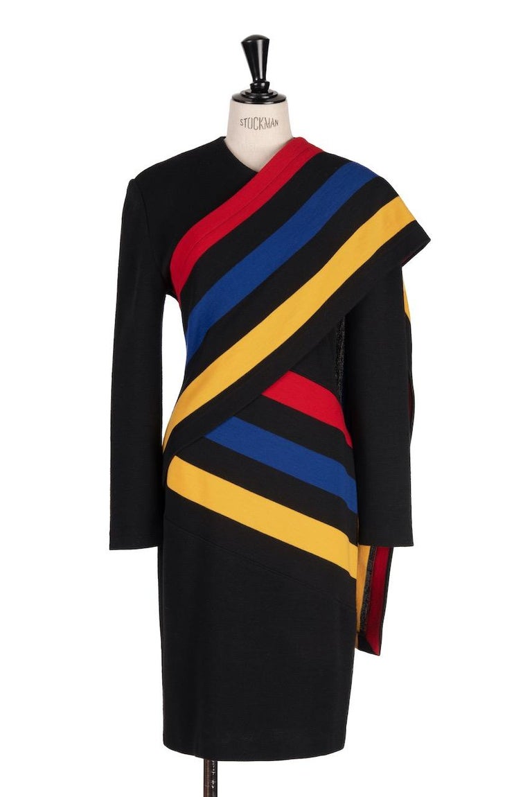 PATRICK KELLY Black Wool Knit Dress with Striped Color Block Sash, Fall ...