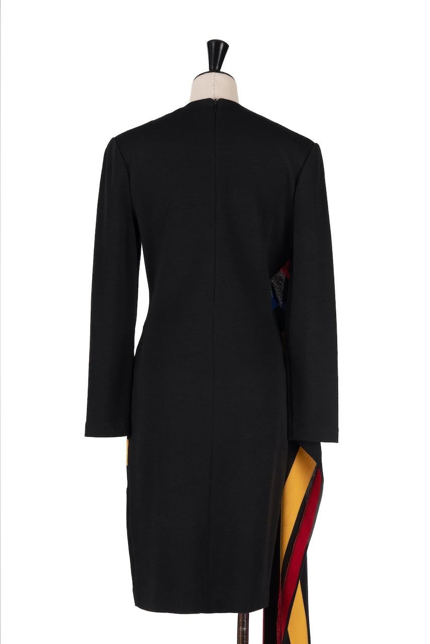 PATRICK KELLY Black Wool Knit Dress with Striped Color Block Sash, Fall 1989 In Excellent Condition In Munich, DE