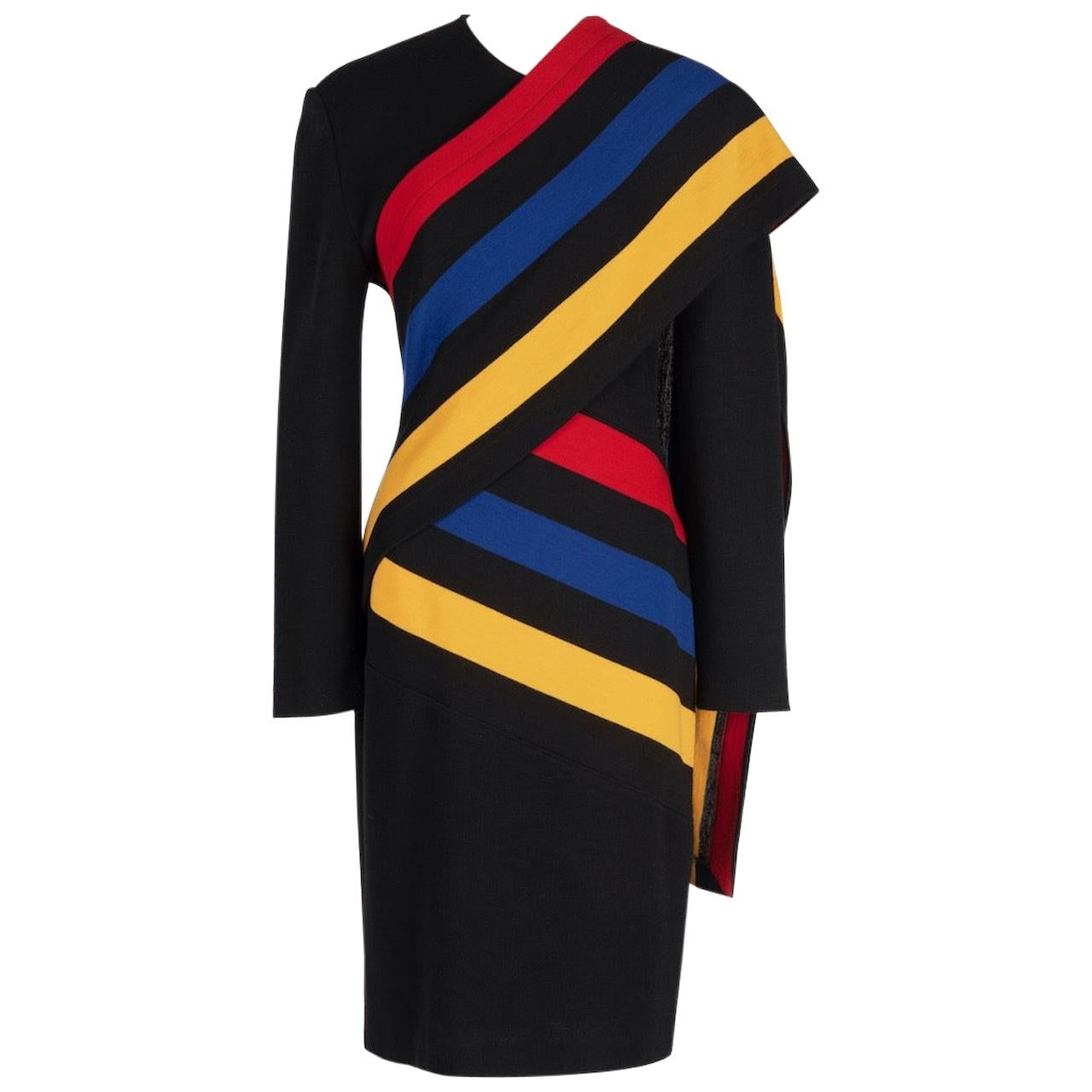 PATRICK KELLY Black Wool Knit Dress with Striped Color Block Sash, Fall 1989