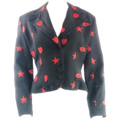 PATRICK KELLY Paris Black Blazer Jacket w/ Red Hearts, Lips and Stars Size US8