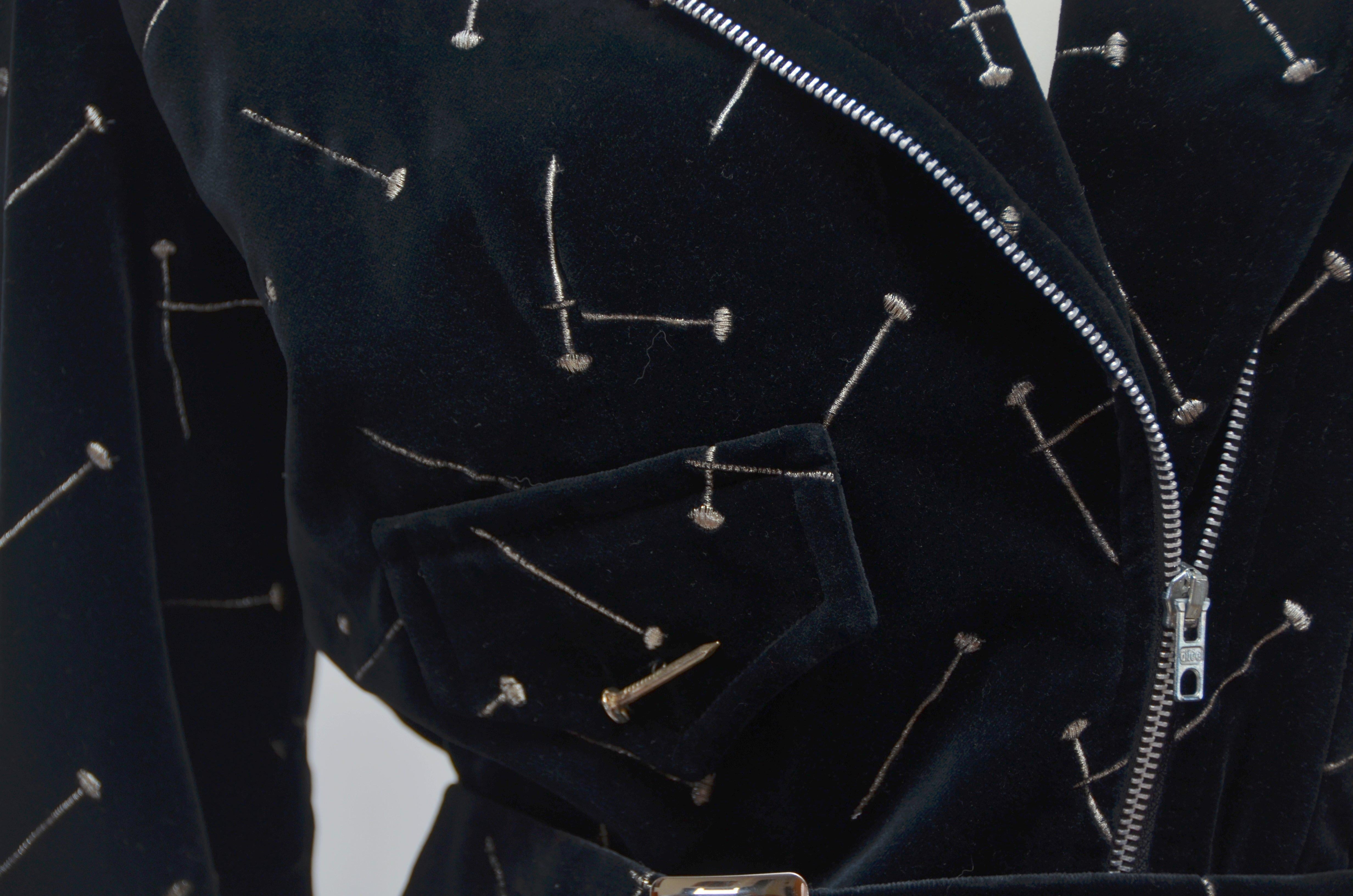 Women's or Men's Patrick Kelly Vintage 1988 Black Jacket w/ Gold & Silver Embroidered Nails