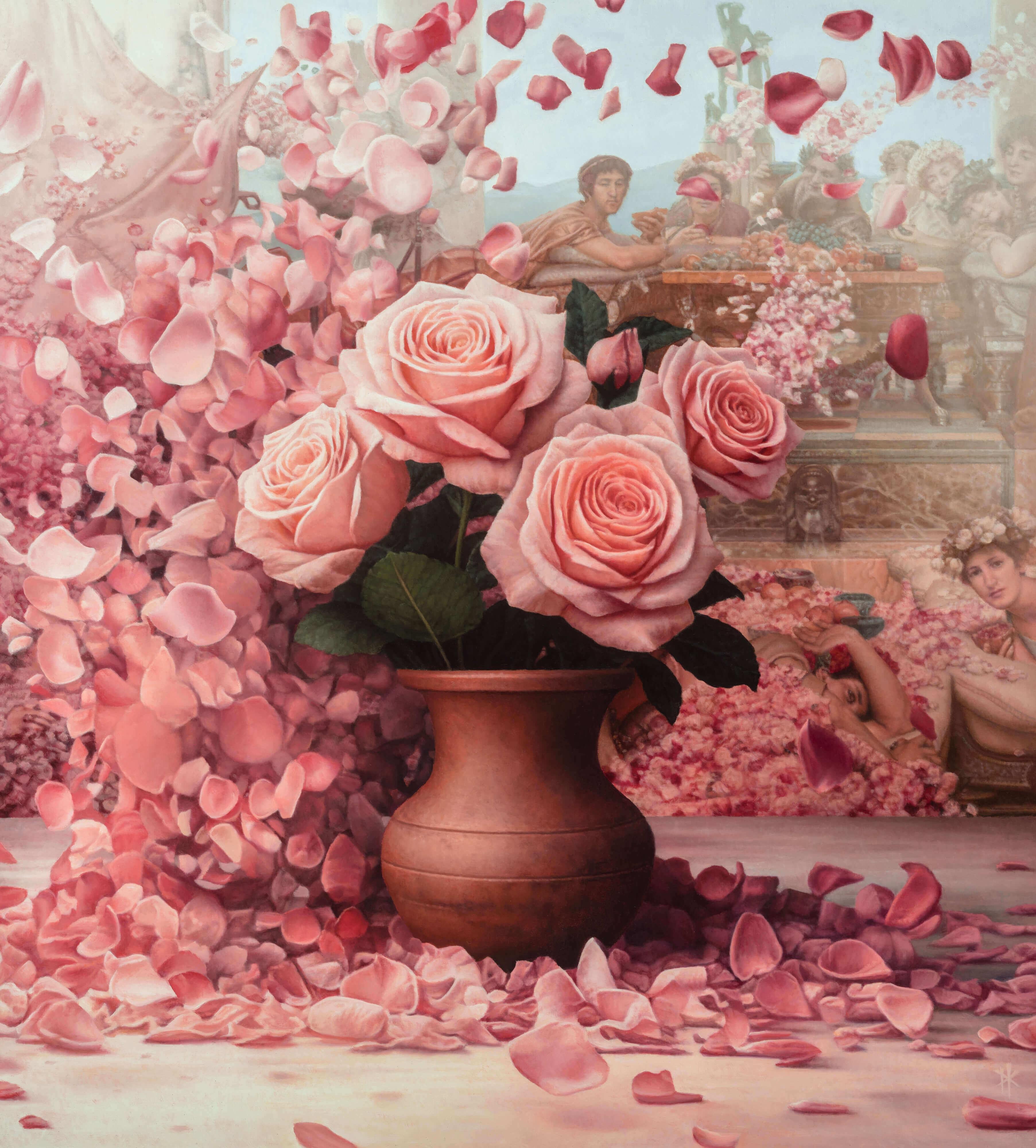 Patrick Kramer Figurative Painting – "Ausatmen" (2025) Ölgemälde mit Blumen auf Tafel