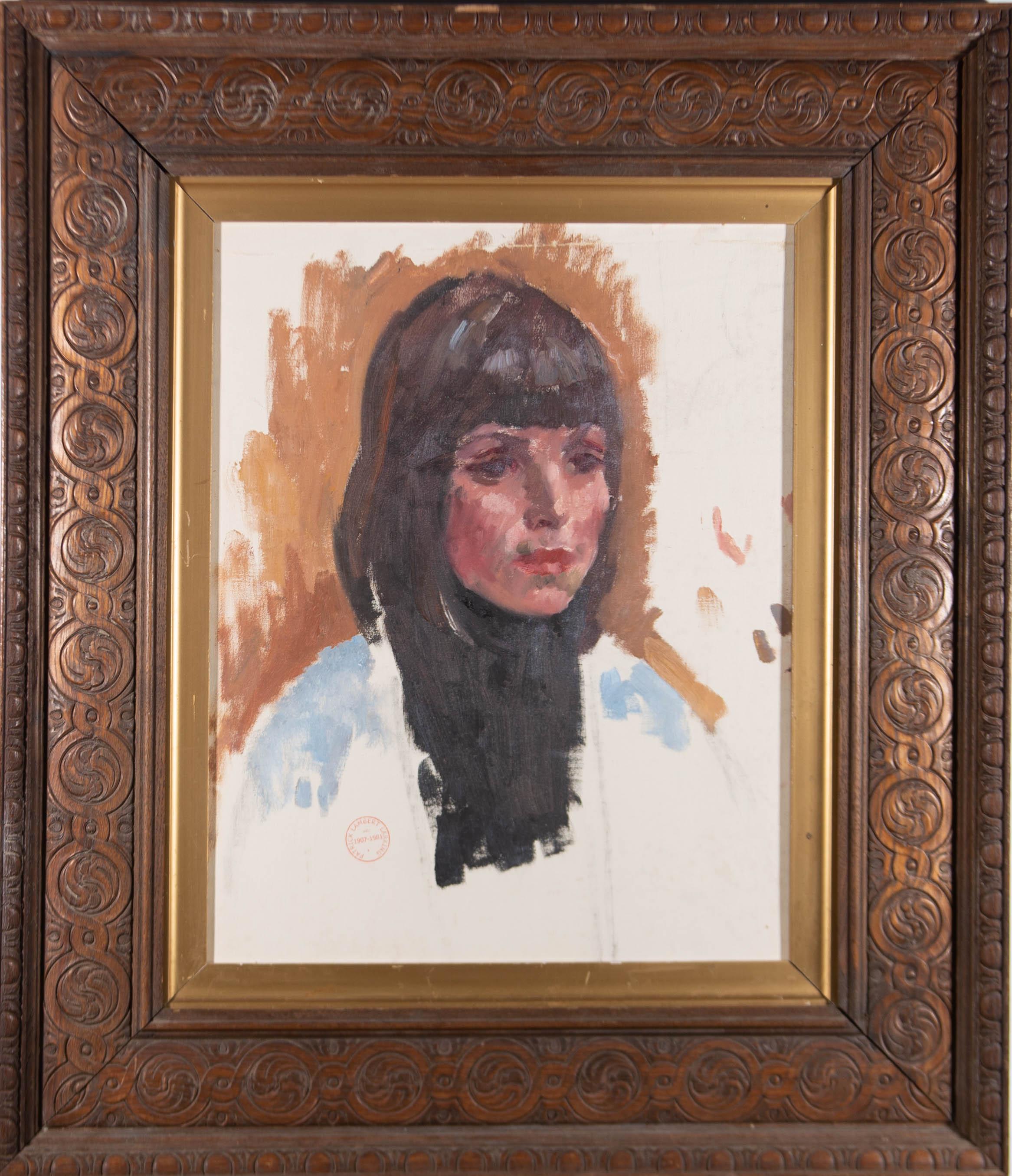 A loose oil study of a young dark haired woman. The artist has left the portrait unfinished, showing under drawing and colour tests on the raw canvas. There is an official artist's stamp on the canvas and at the back is information on the artist,
