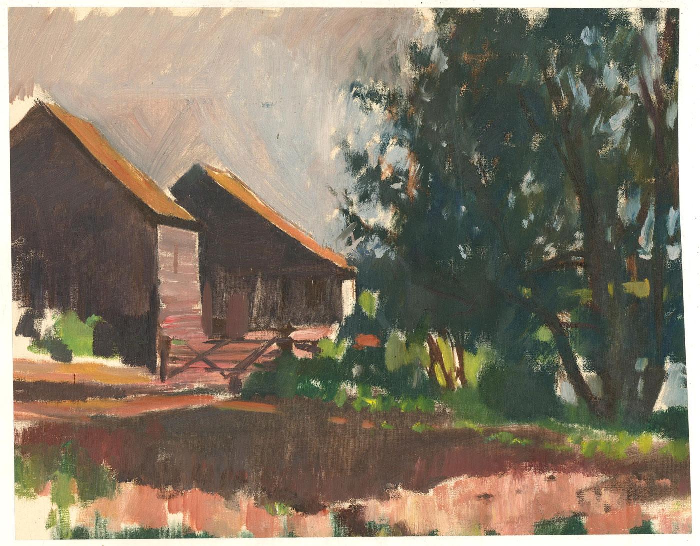 A deft and atmospheric oil showing a shaded patch of land with outbuildings beyond. With a warm, earthy palette the painting seems to be set in late Summer. The confident composition and assured brush strokes suggest a skilled hand. Artist's studio