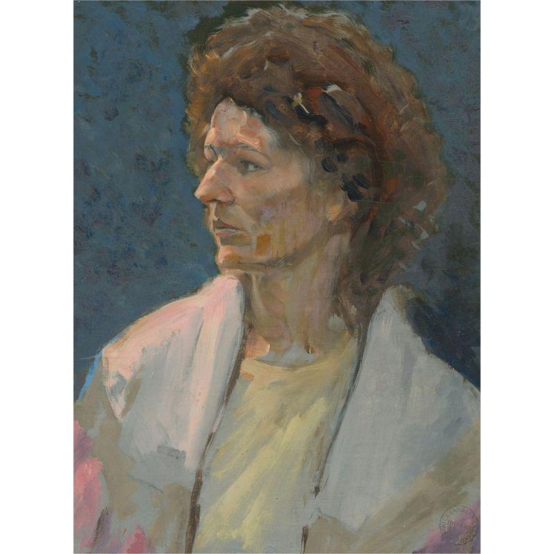 A fine oil painting by the British artist Patrick Lambert Larking. This engaging composition depicts a brown-haired female figure directing her gaze sideways. The expressive brush strokes and thoughtful colour palette clearly illustrate the artist's