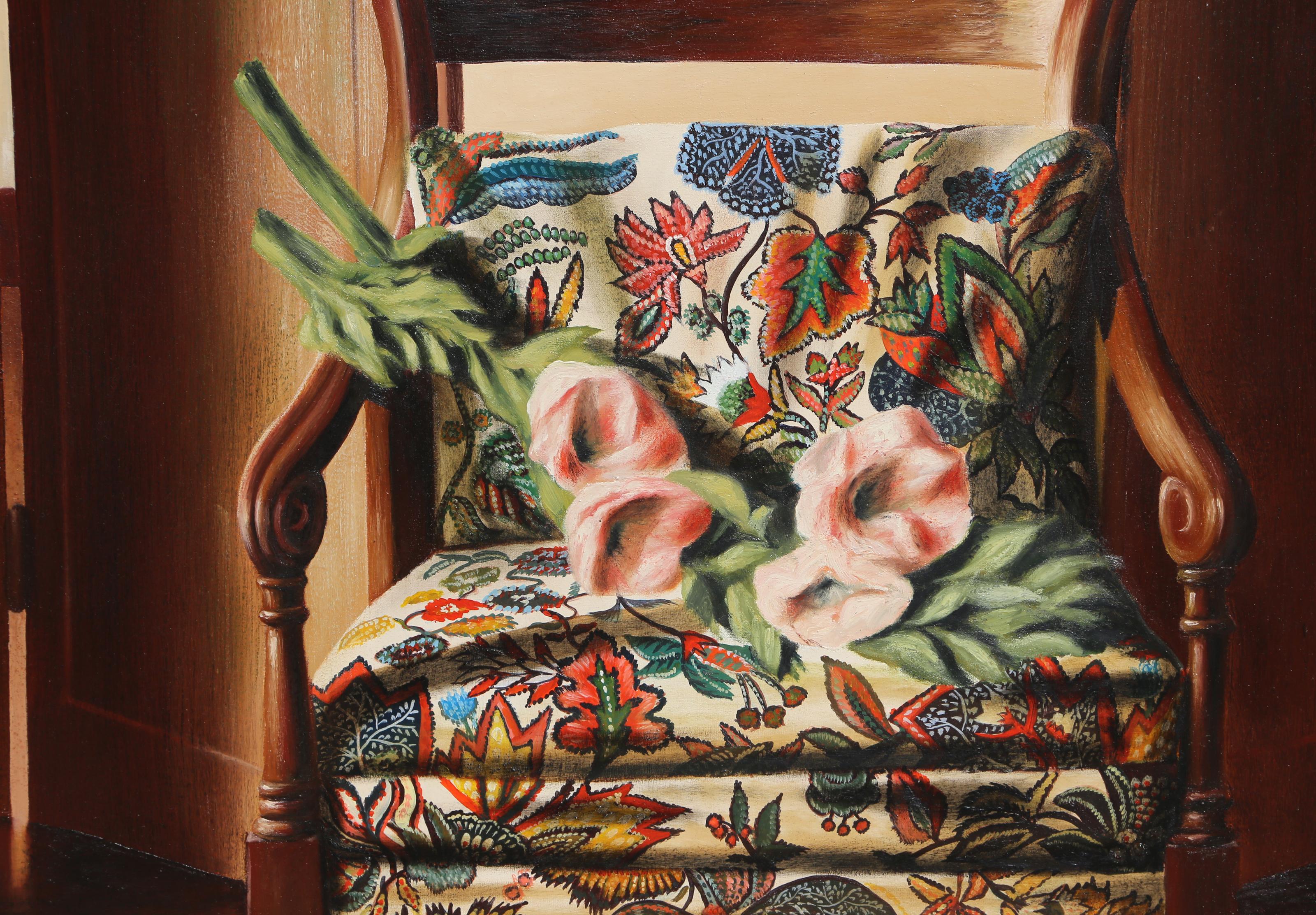 Le Fauteuil aux Fleurs, fotorealistisches Ölstillleben von Patrick Le Flohic im Angebot 1