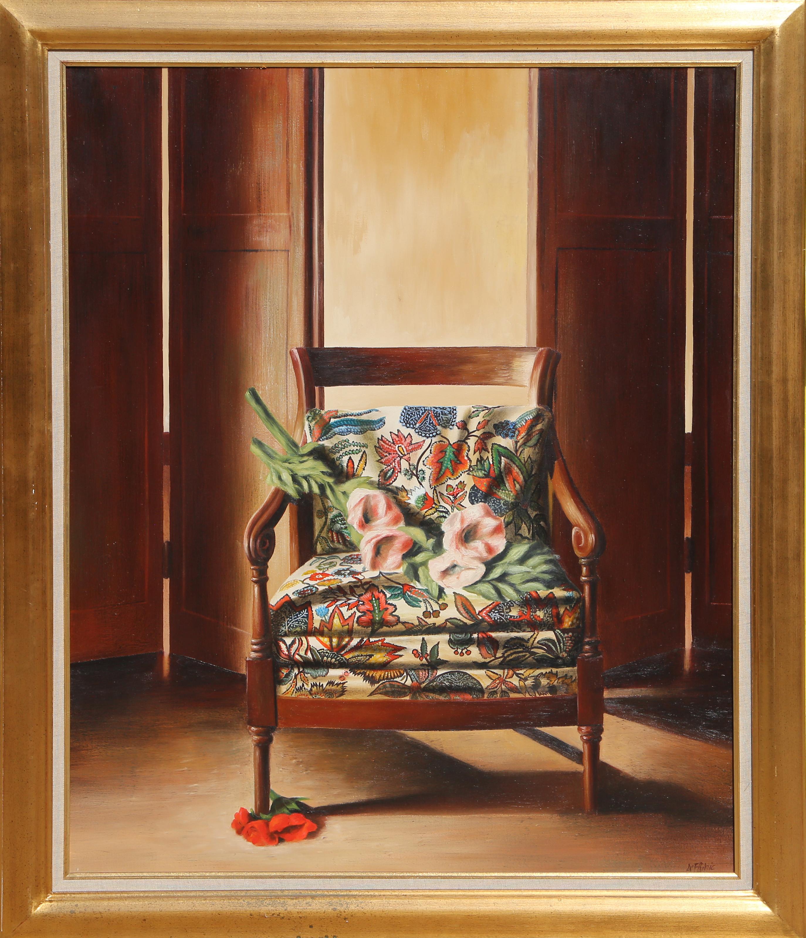 Le Fauteuil aux Fleurs, natura morta ad olio fotorealista di Patrick Le Flohic