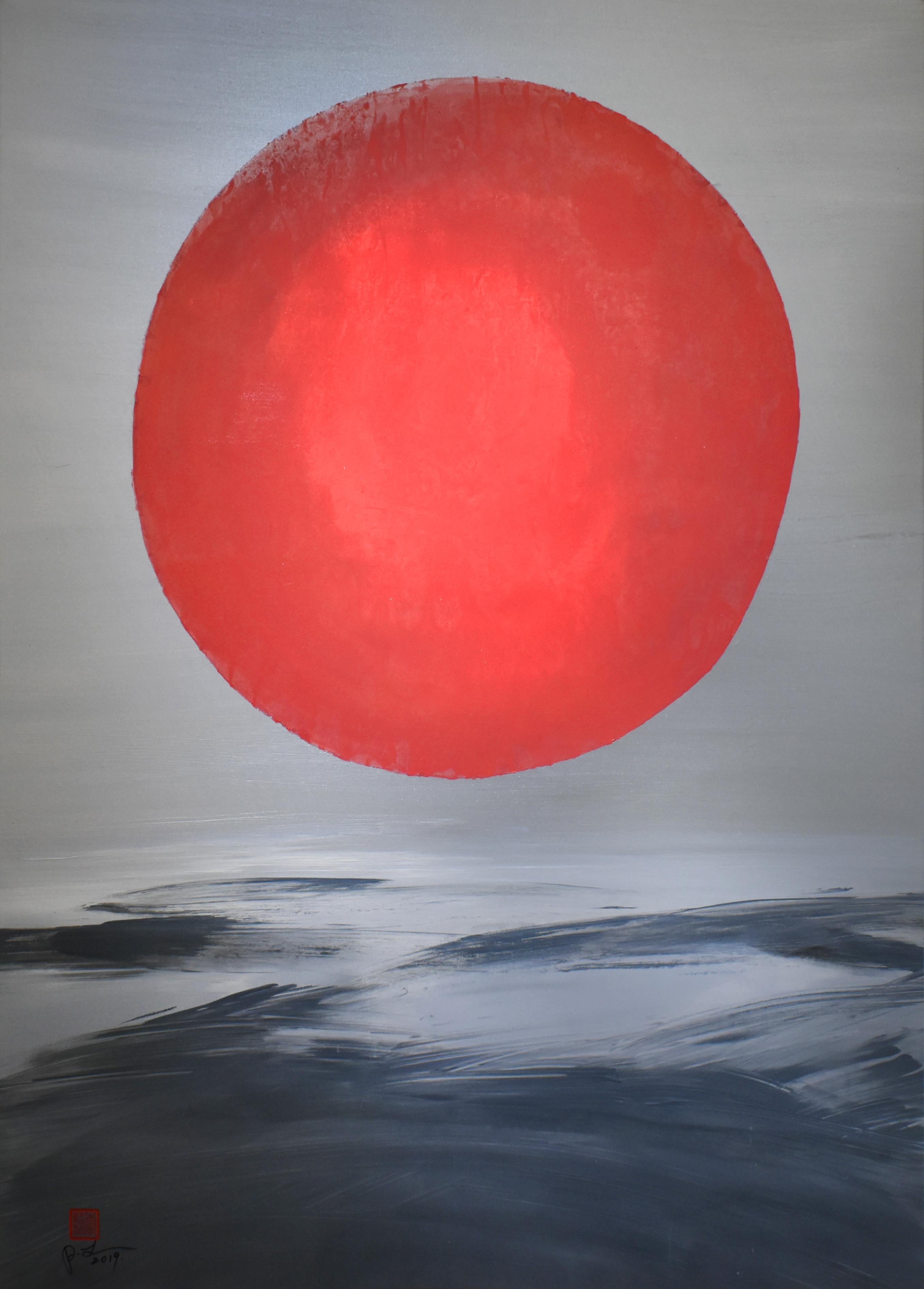 Patrick Lee Abstract Painting - Mysterious Red Planet Rises In The Sky Expresses Taoism Less Is More Spirit 