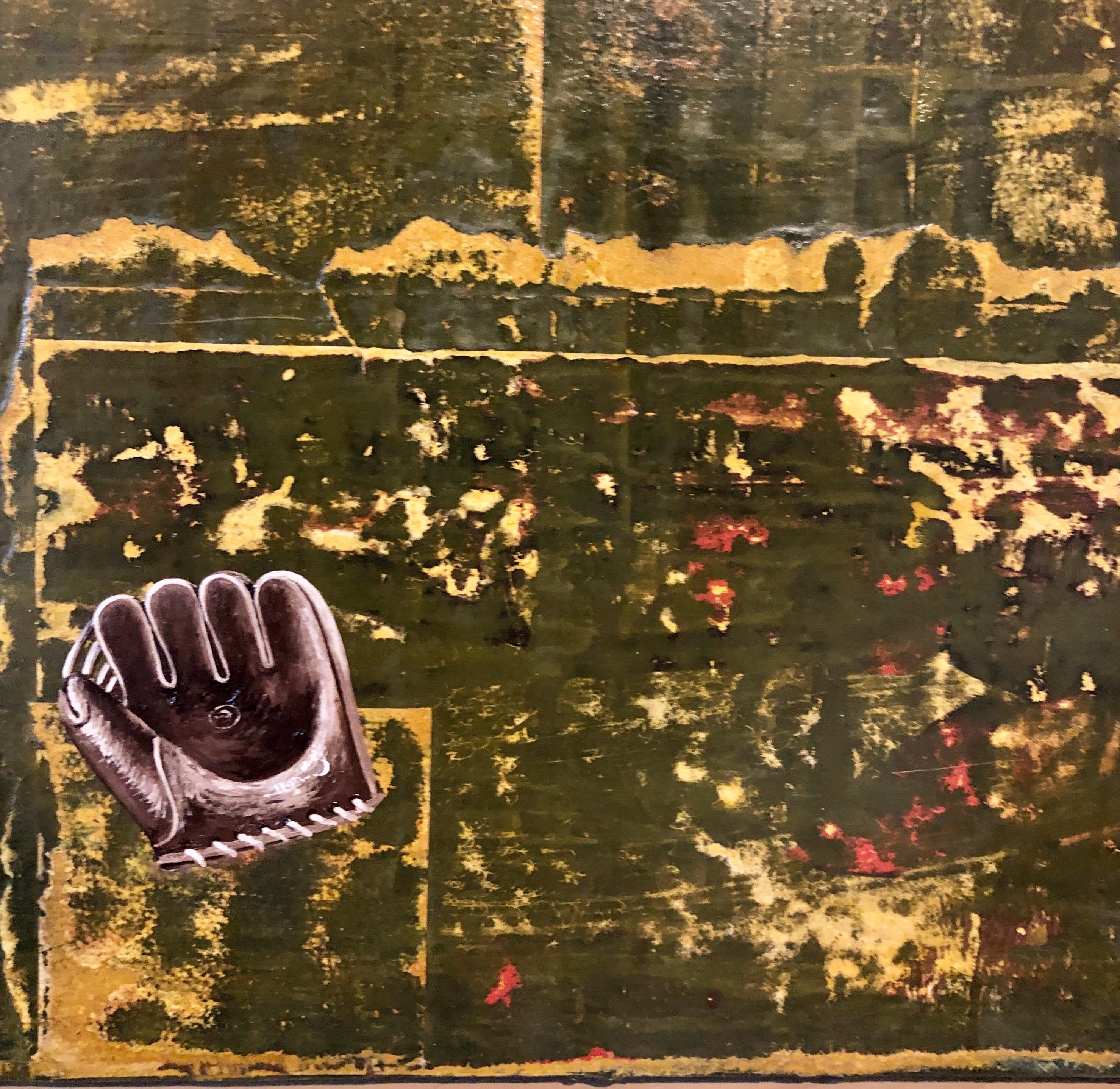 Abstract Mixed Media Collage Oil Painting Sports, Leather Baseball Mitts For Sale 7