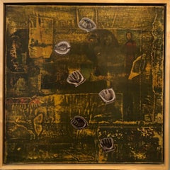 Abstract Mixed Media Collage Oil Painting Sports, Leather Baseball Mitts