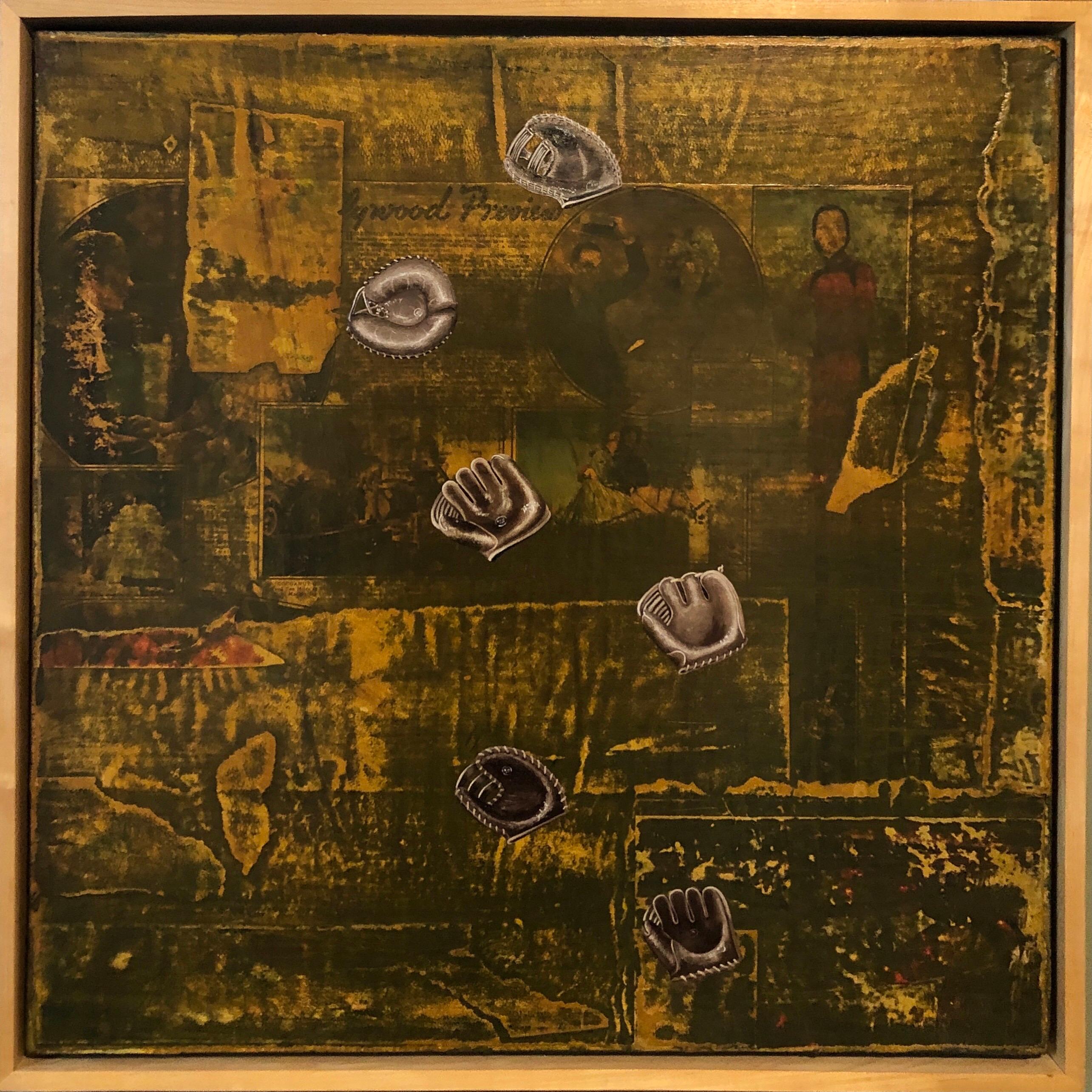 Abstract Mixed Media Collage Oil Painting Sports, Leather Baseball Mitts - Brown Abstract Painting by Patrick LoCicero