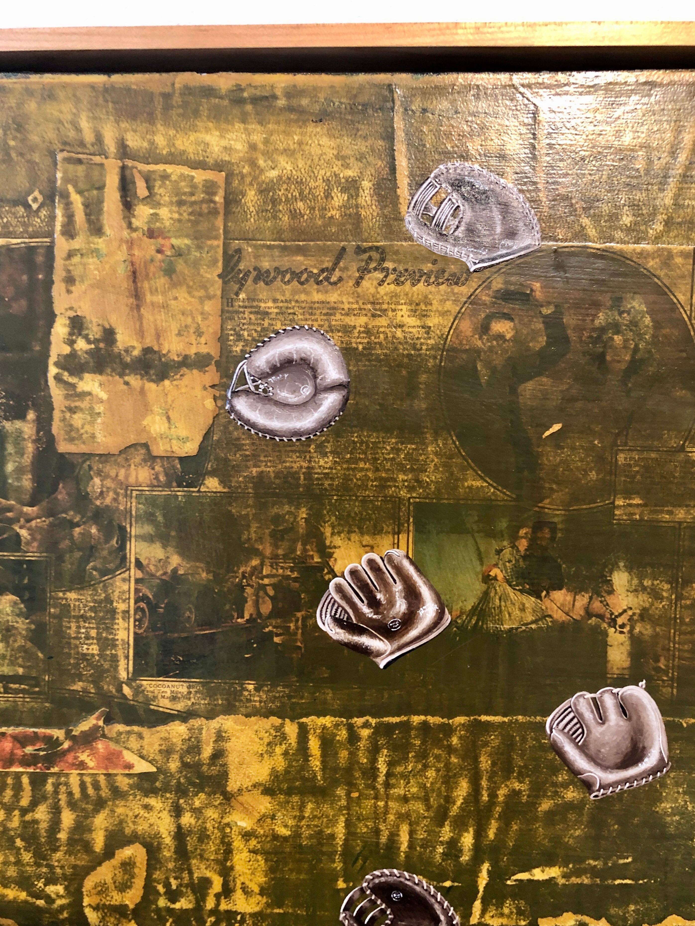 Abstract Mixed Media Collage Oil Painting Sports, Leather Baseball Mitts For Sale 4