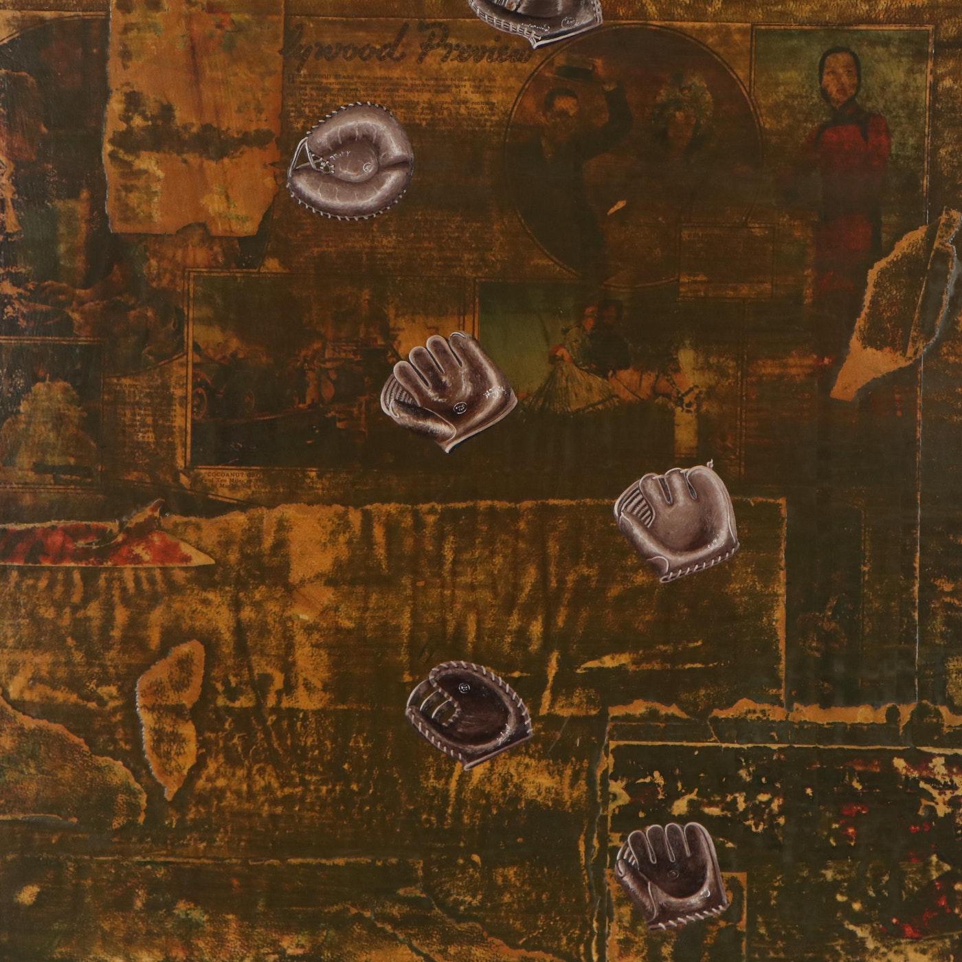 Abstract Mixed Media Collage Oil Painting Sports, Leather Baseball Mitts For Sale 6