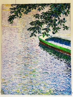 Huge French Impressionist Oil Painting Wooden Punt Boat Waterlily Pond in Rain