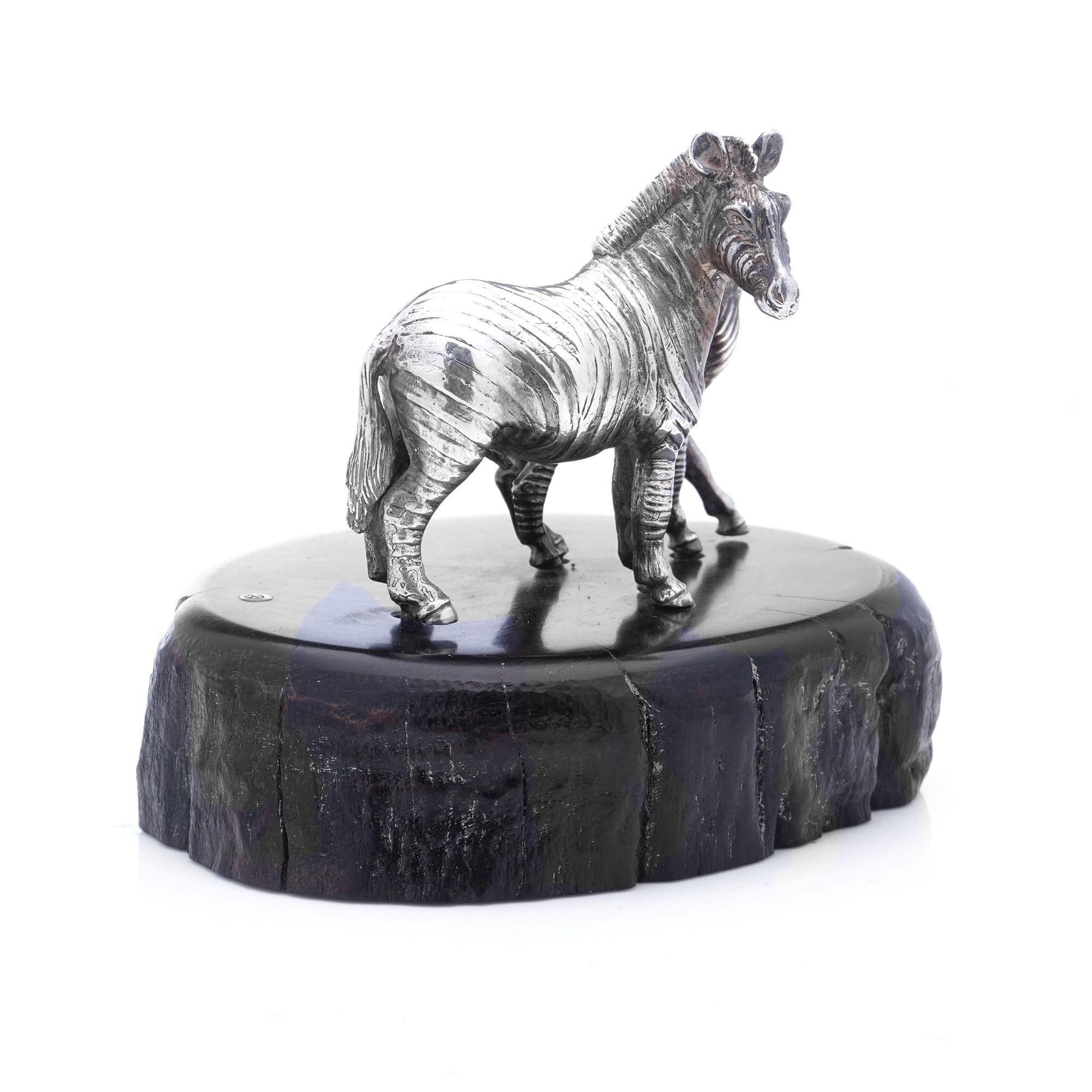 Zimbabwean Patrick Mavros 925 Sterling Silver Zebra and Foal Figurine on a Blackwood Base For Sale