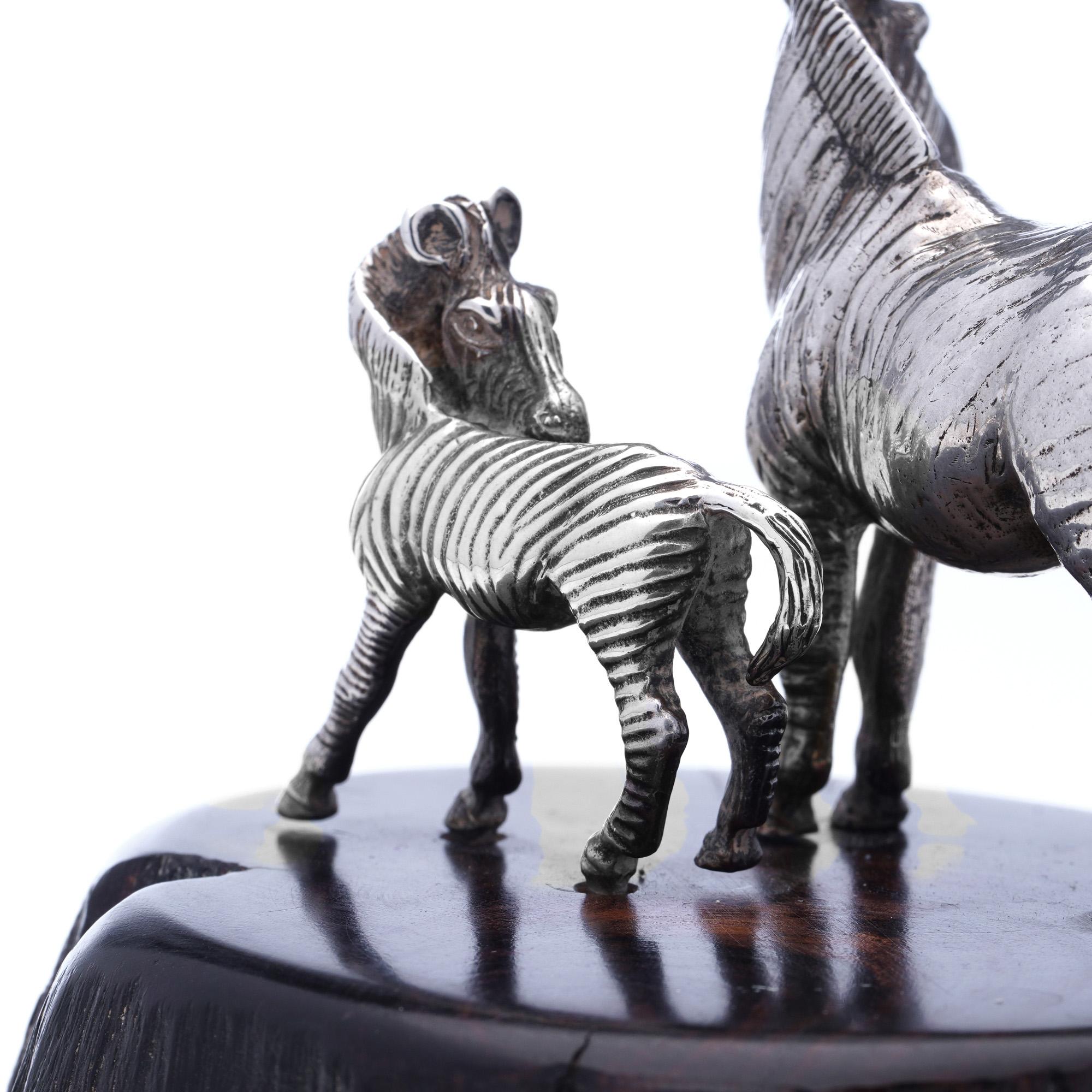 Patrick Mavros 925 Sterling Silver Zebra and Foal Figurine on a Blackwood Base In Good Condition For Sale In Braintree, GB