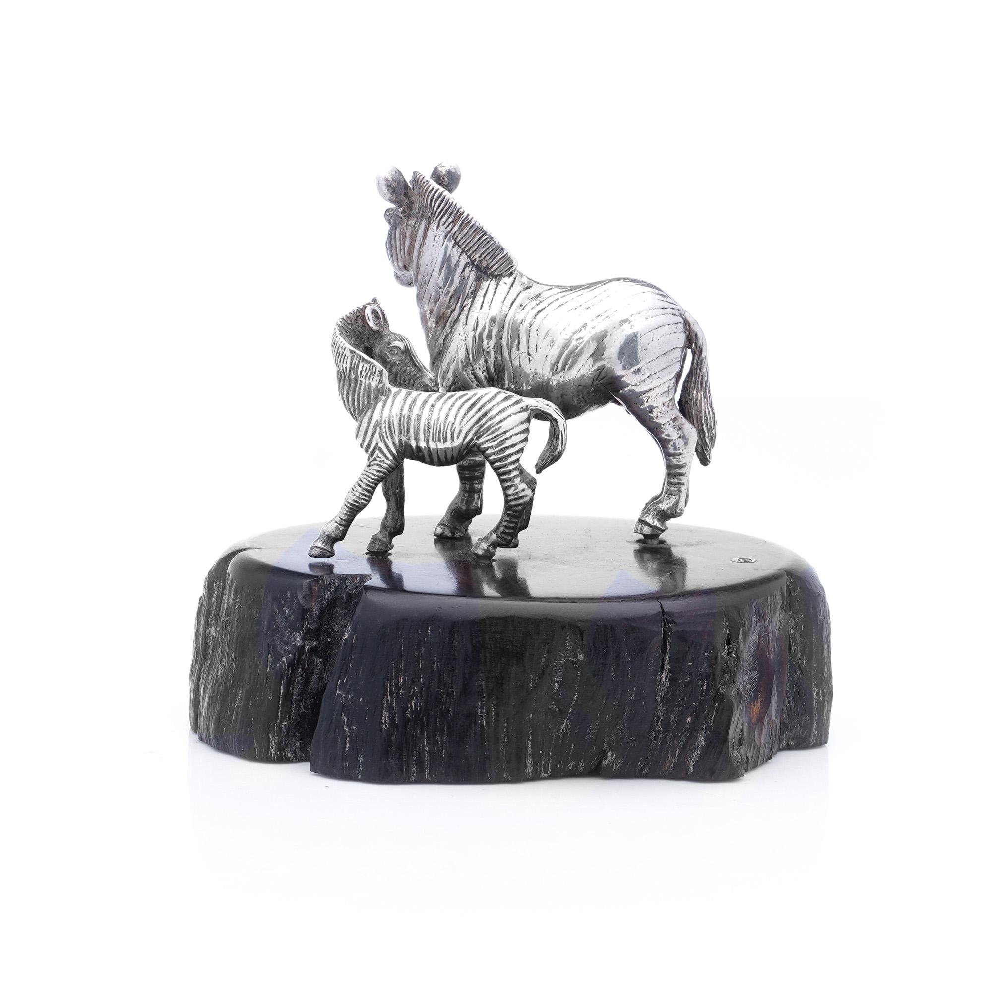 Late 20th Century Patrick Mavros 925 Sterling Silver Zebra and Foal Figurine on a Blackwood Base For Sale