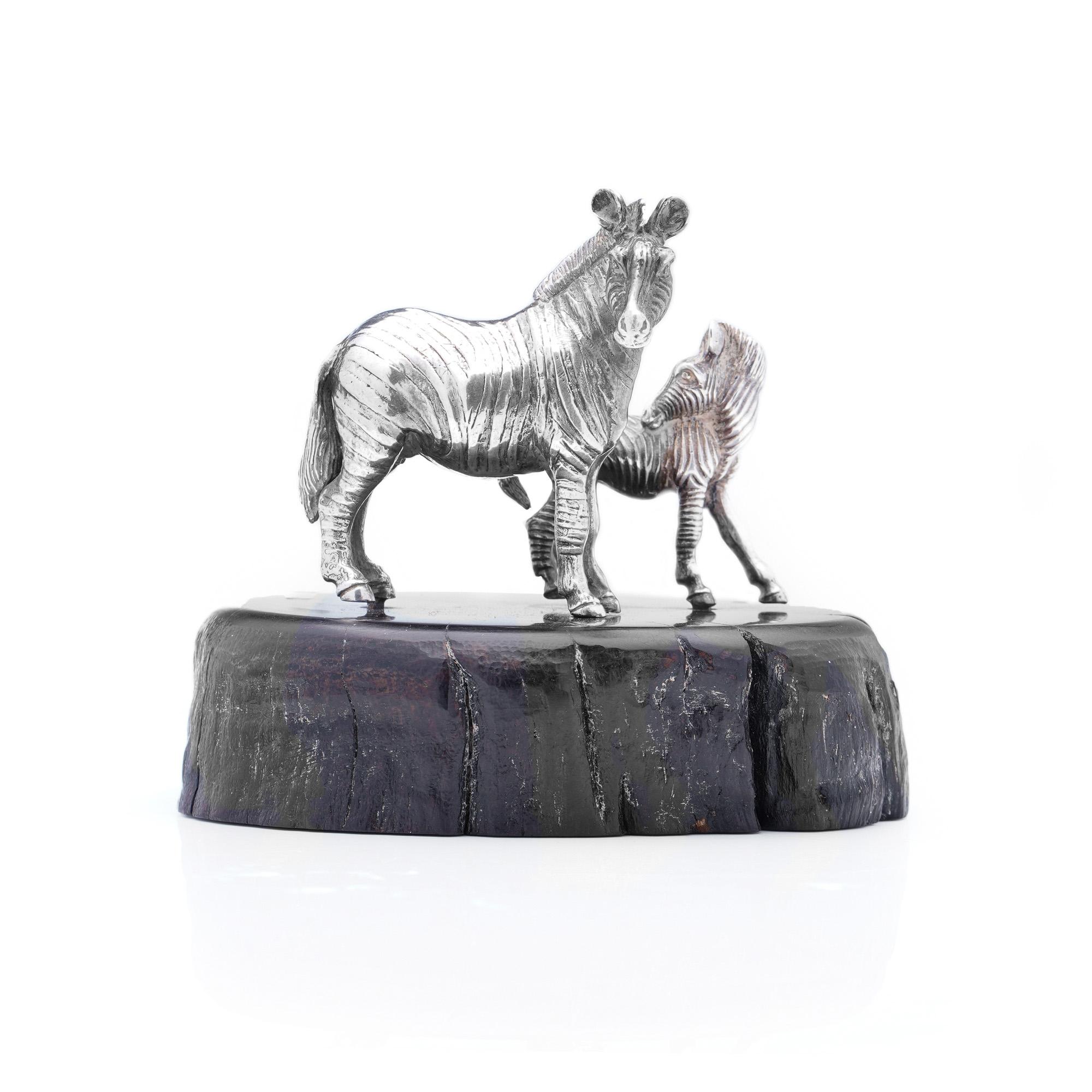 Patrick Mavros 925 Sterling Silver Zebra and Foal Figurine on a Blackwood Base For Sale 1