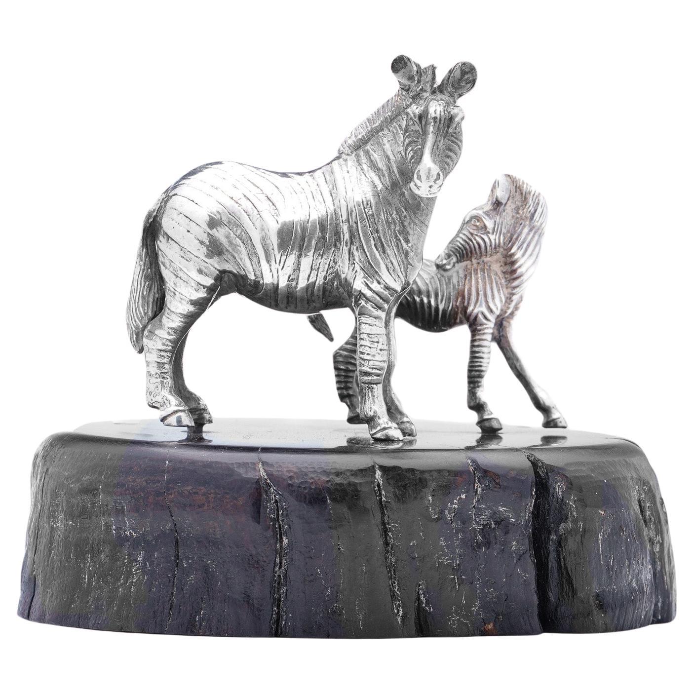 Patrick Mavros 925 Sterling Silver Zebra and Foal Figurine on a Blackwood Base For Sale