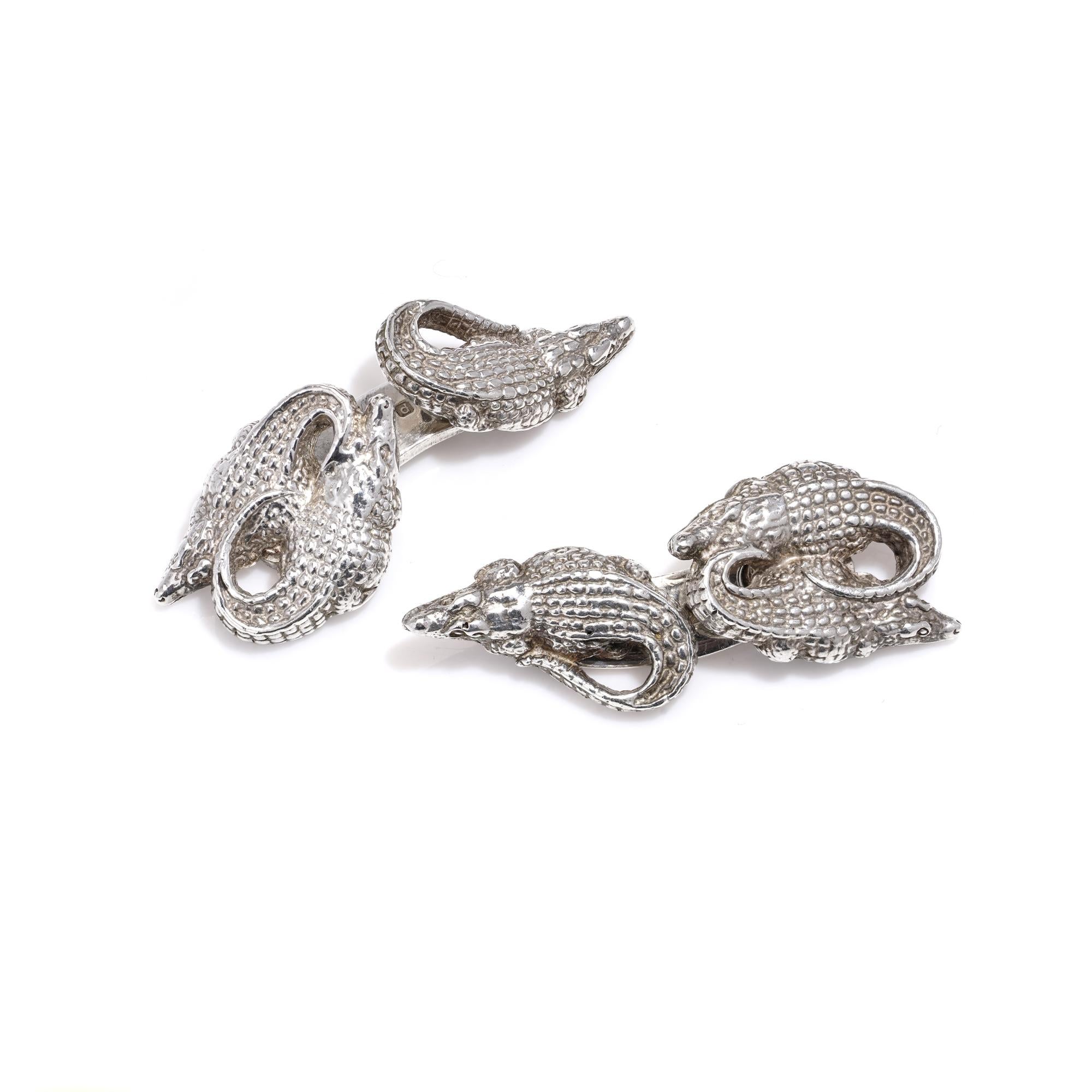 Patrick Mavros Pair of Silver Nile Crocodile Cufflinks In Excellent Condition For Sale In Braintree, GB